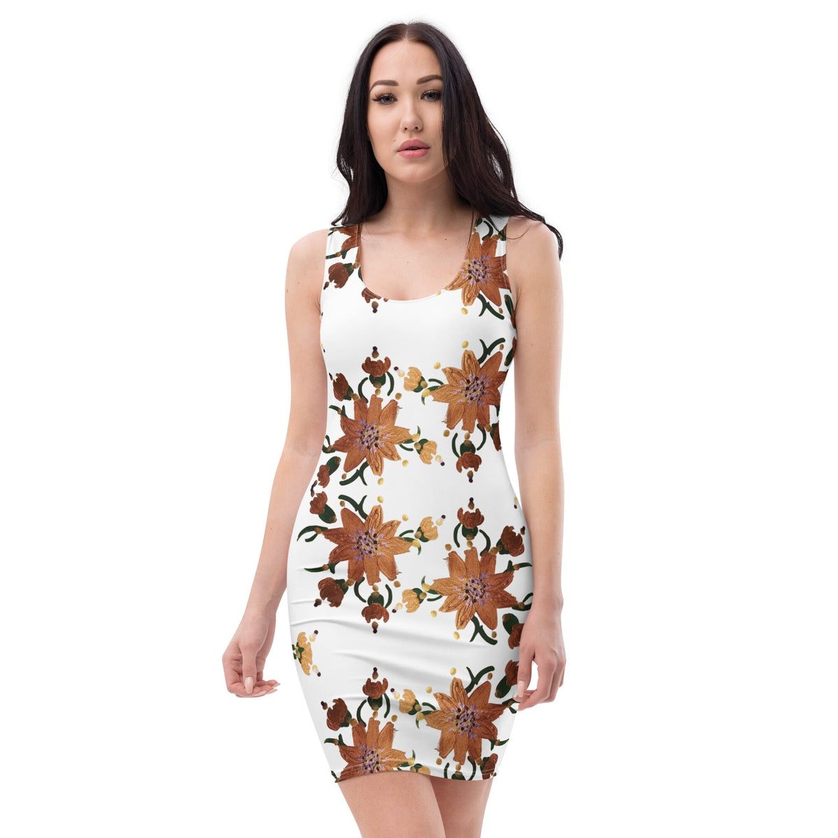 Shimmering Gold Floral Bodycon Dress, Sleeveless Spring Dresses, Tight Club Outfit, Trendy Secretary Dress