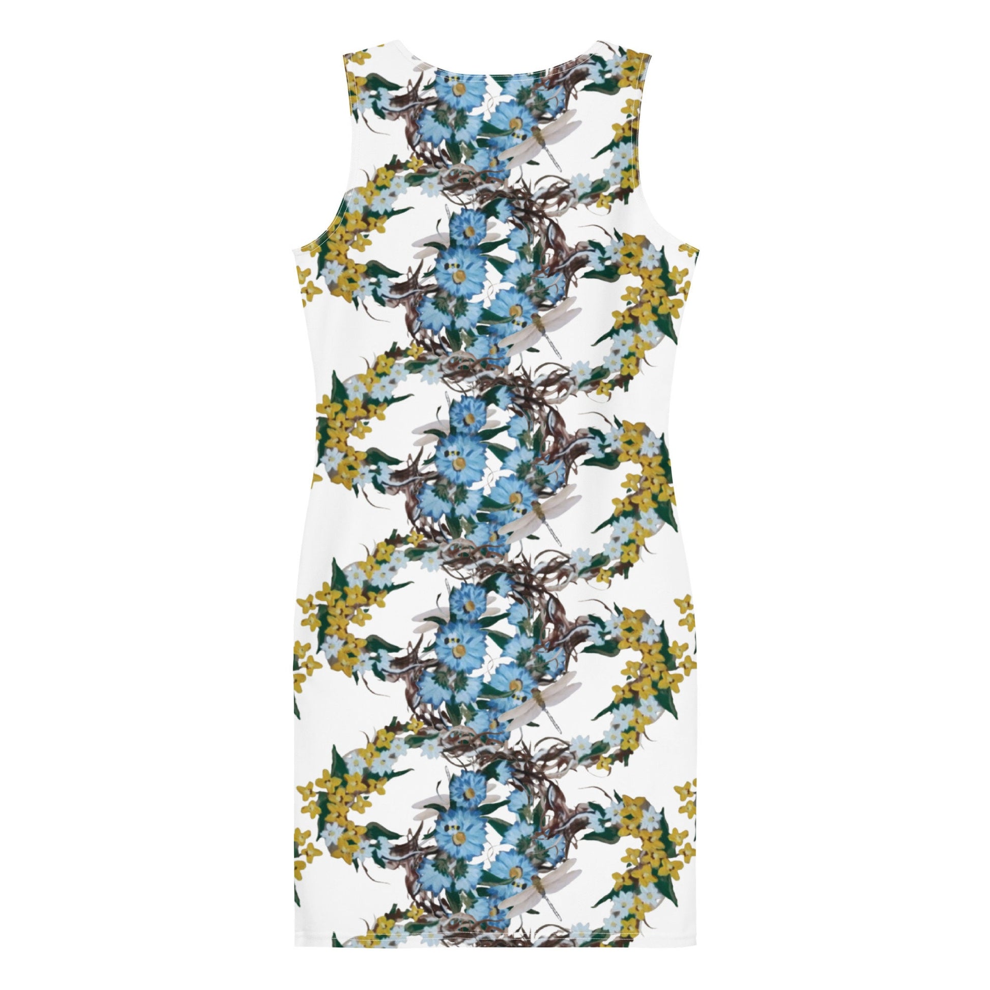 Yellow and Blue Floral Bodycon Dress, Botanical Spring Outfit, Casual Sleeveless Secretary Dress, Tight Club Dress