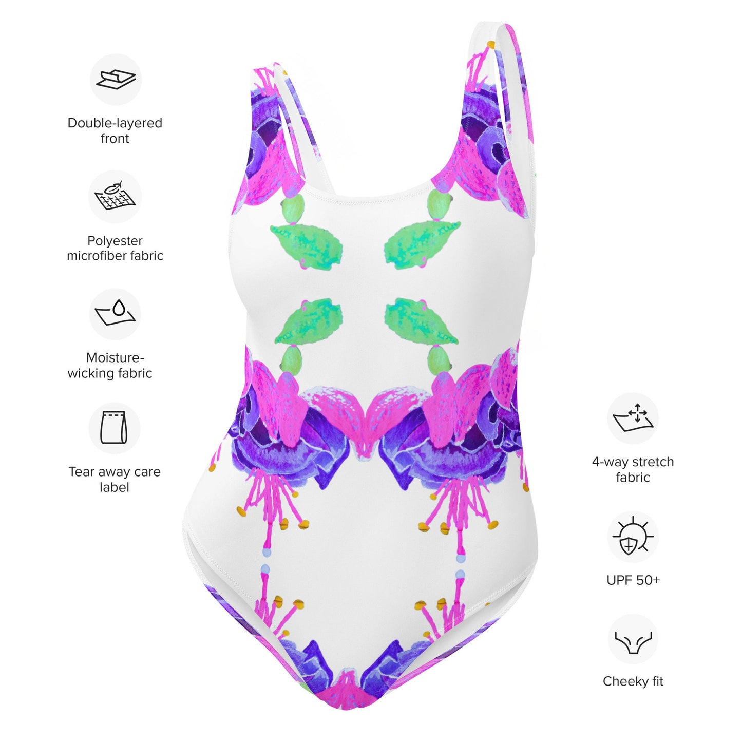 Floral Fuscia One-Piece Swimsuit, Colorful Festival Bodysuit, Plus Size Beach Swimwear, Sexy Botanical Bathing Suit