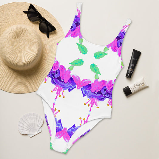 Floral Fuscia One-Piece Swimsuit, Colorful Festival Bodysuit, Plus Size Beach Swimwear, Sexy Botanical Bathing Suit