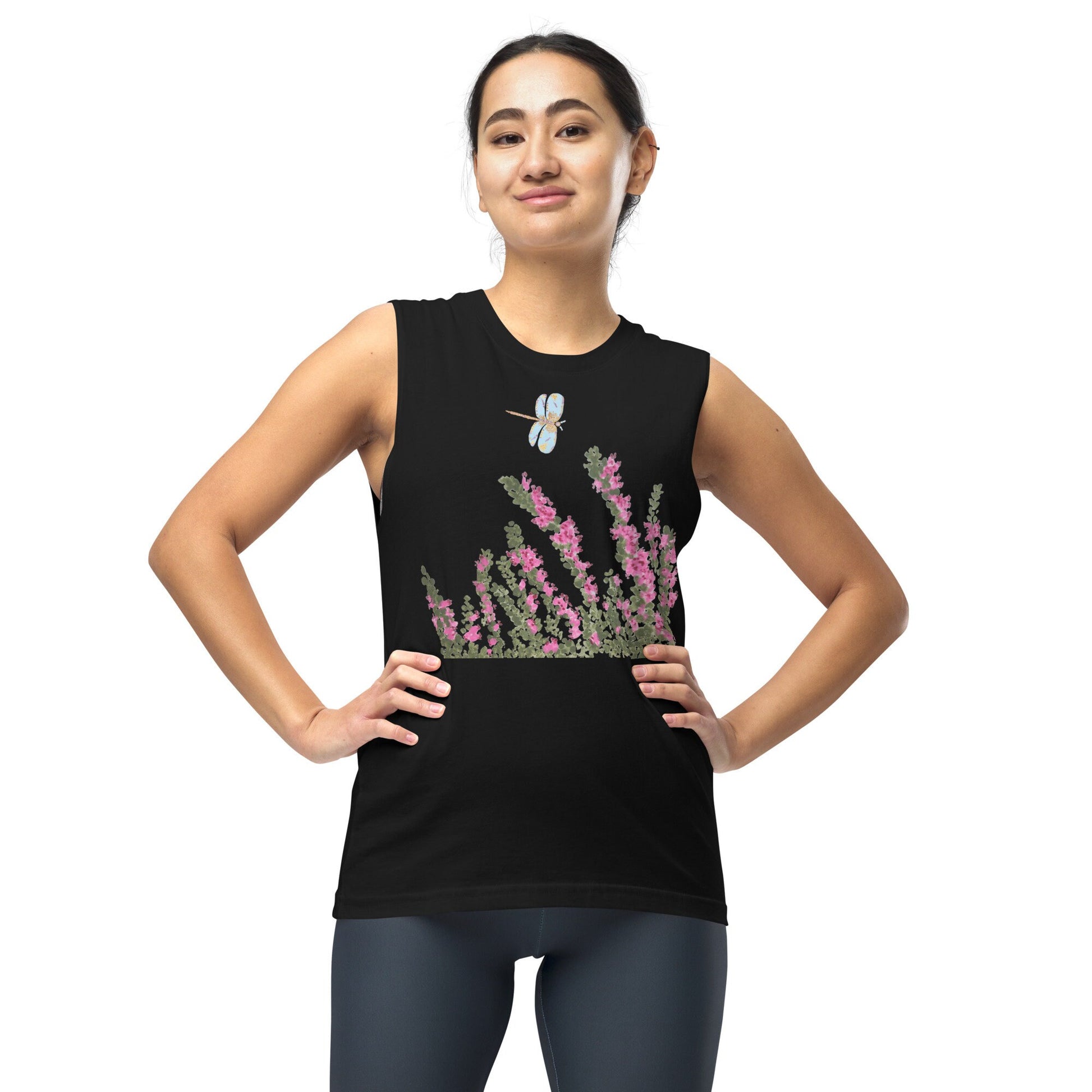 Heather Floral Tank Top, Painted Wildflowers Shirt, Botanical Spring T-shirt, Trendy Pink Floral Tshirt, Gift for Dragonfly Lovers