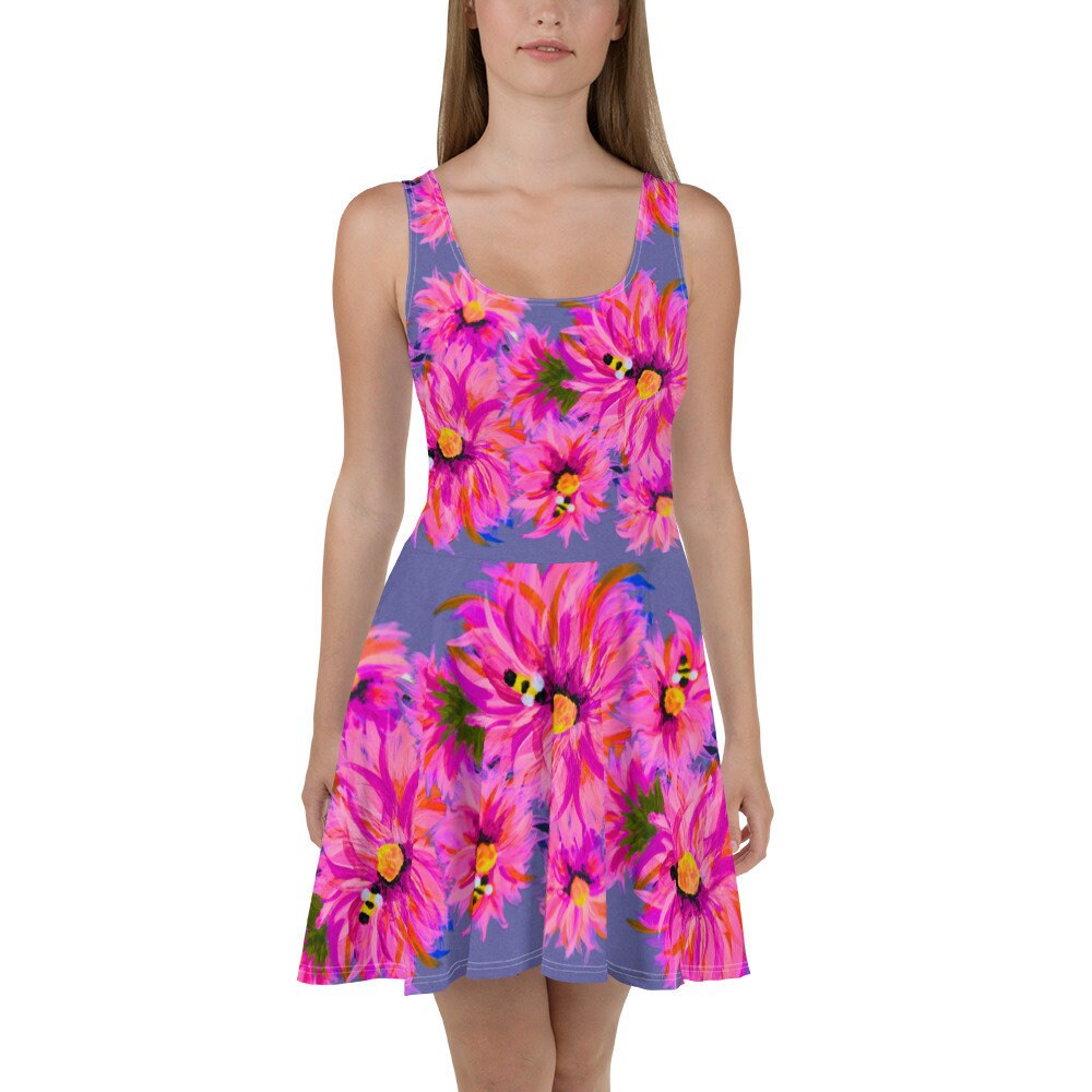 Fluffy Pink on Gray Floral Sleeveless Skater Dress, Casual Spring Outfits, Botanical Secretary Dress