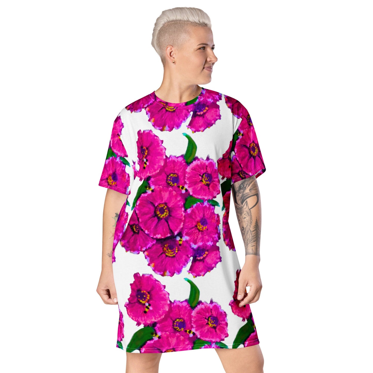 Bright Pink Floral T-shirt Dress, Plus Size Flower Print Outfit, Trending Secretary Dress, Colorful Floral Nightgown