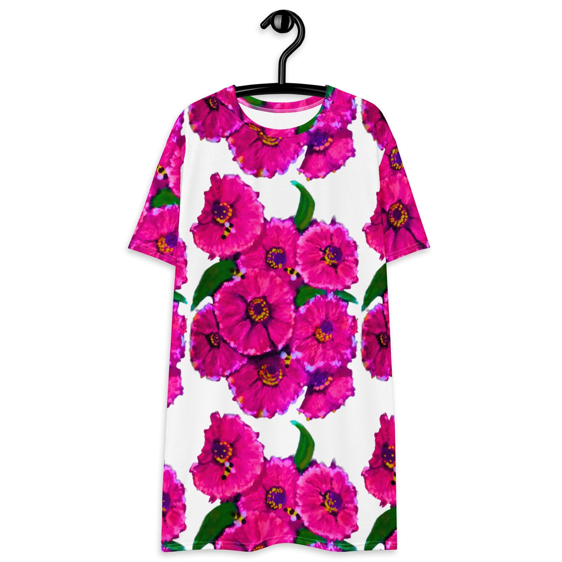 Bright Pink Floral T-shirt Dress, Plus Size Flower Print Outfit, Trending Secretary Dress, Colorful Floral Nightgown