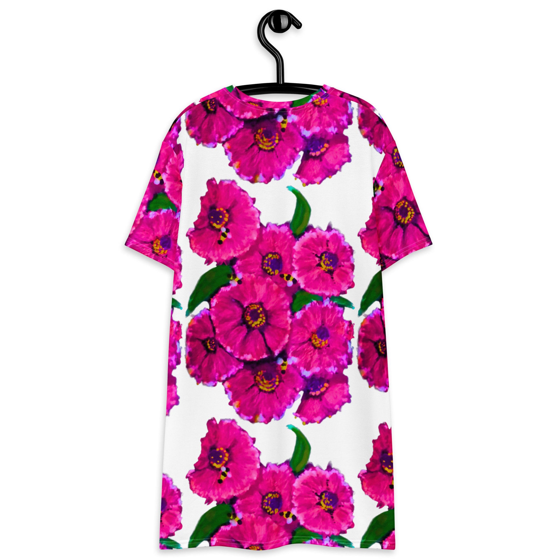 Bright Pink Floral T-shirt Dress, Plus Size Flower Print Outfit, Trending Secretary Dress, Colorful Floral Nightgown