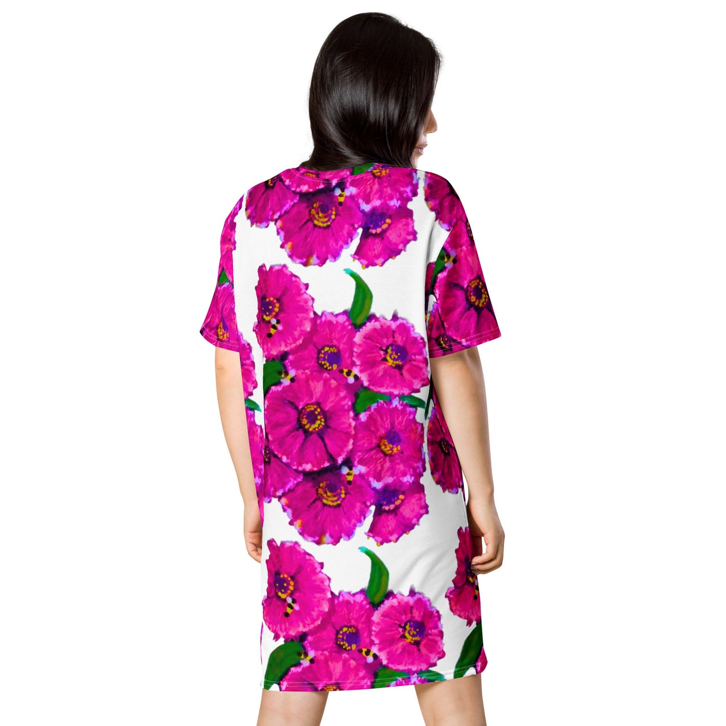 Bright Pink Floral T-shirt Dress, Plus Size Flower Print Outfit, Trending Secretary Dress, Colorful Floral Nightgown