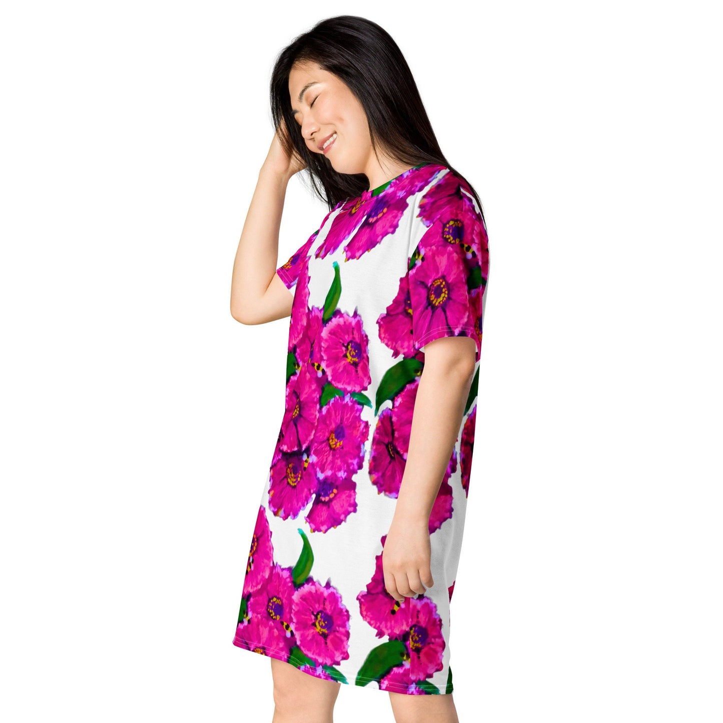 Bright Pink Floral T-shirt Dress, Plus Size Flower Print Outfit, Trending Secretary Dress, Colorful Floral Nightgown