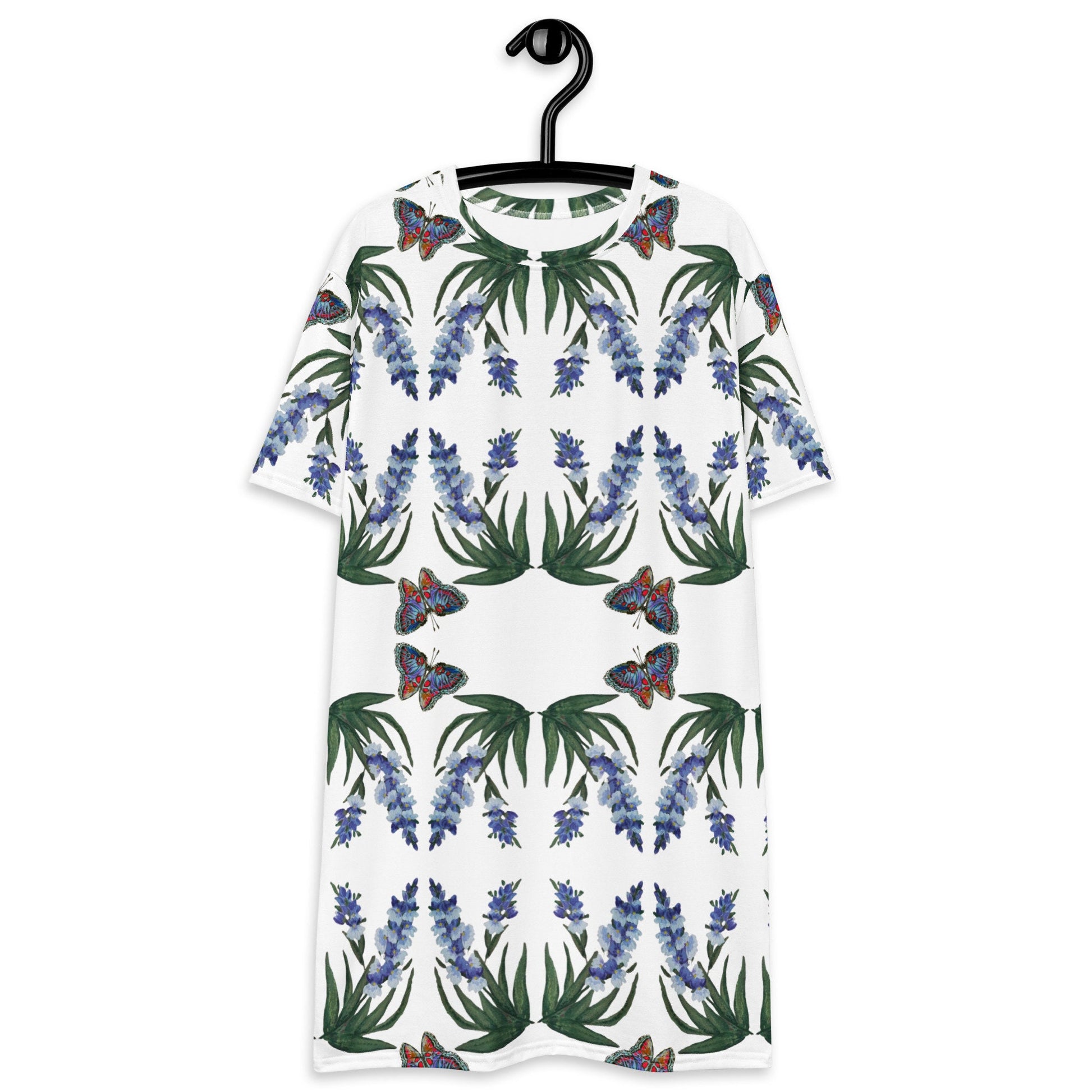 Wisteria Floral Pattern Spring Outfit, Plus Size Flower Print T-shirt Dress, Trending Colorful Nightgown