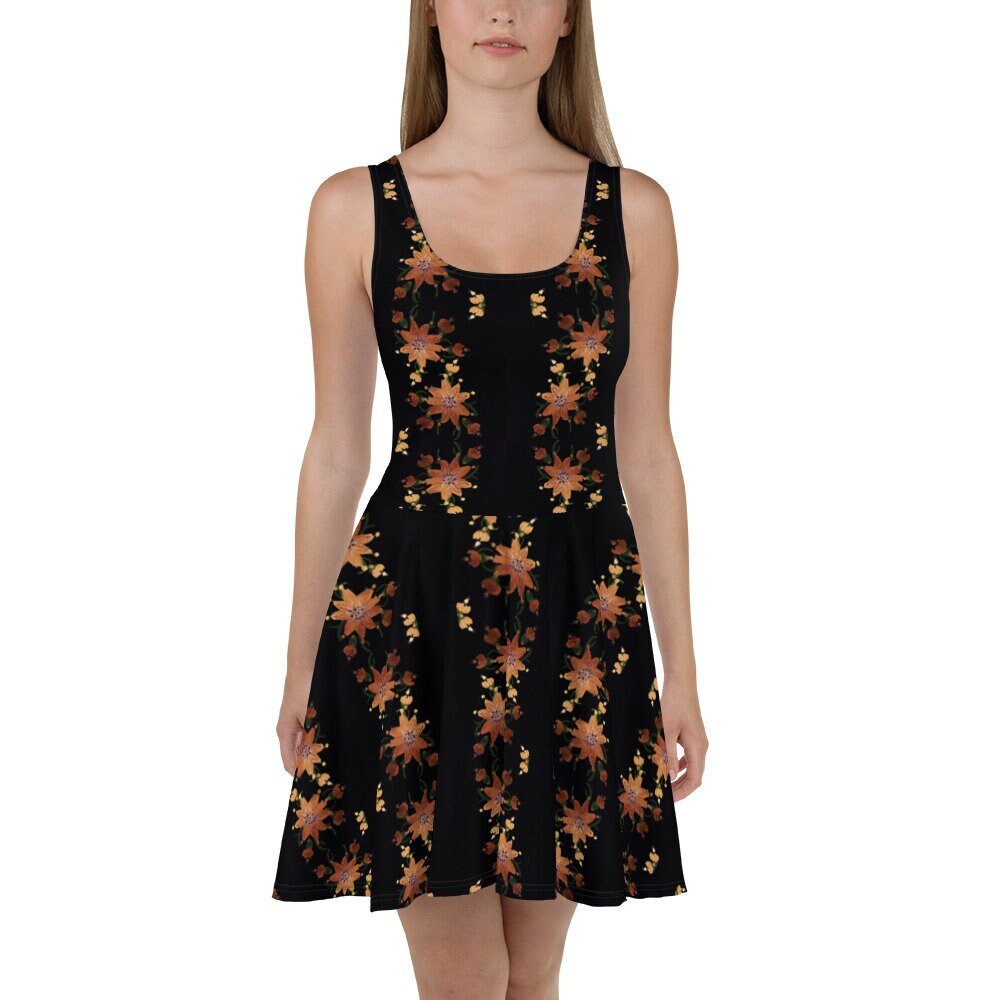 Gold Flower Skater Dress, Little Black Cocktail Dress, Oversized Casual Spring Outfit, Decorative Floral Apparel