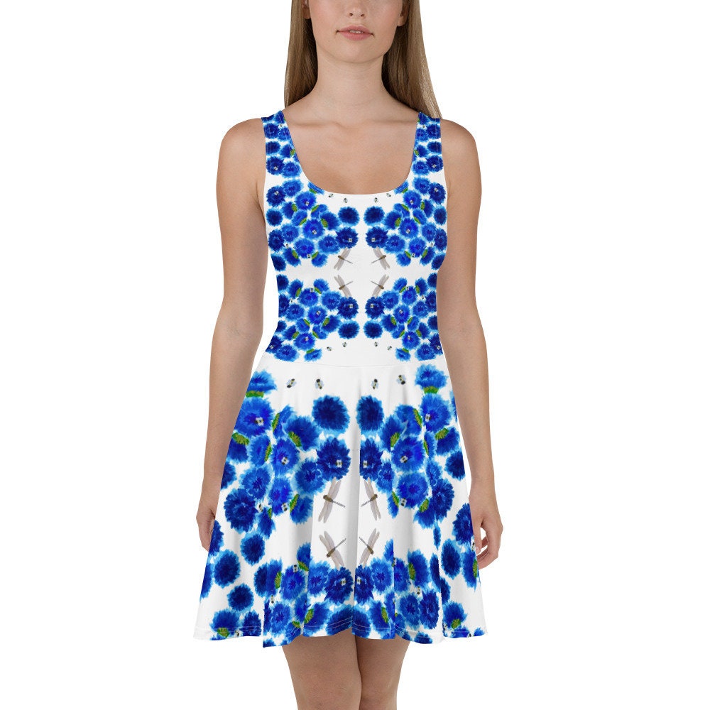 Blue Bachelors Buttons Floral Skater Dress, Trending Casual Spring Sundress, Colorful Plus Size Dress, Flower Print Secretary Outfit