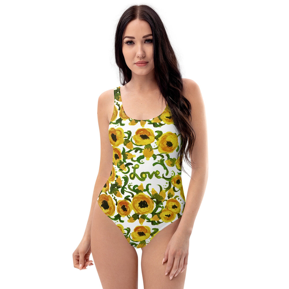 Yellow Floral Love One-Piece Swimsuit, Botanical Plus Size Swim Wear, Beach Festival Bodysuit