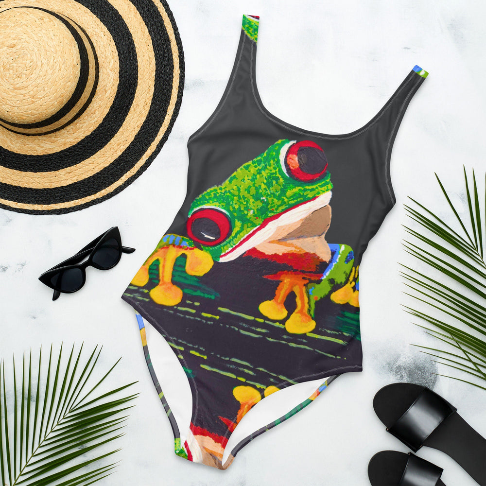 Cheeky Tree Frog One-Piece Swimsuit, Plus Size Ladies Botanical Bathing Suit, Sexy Beach Swimwear