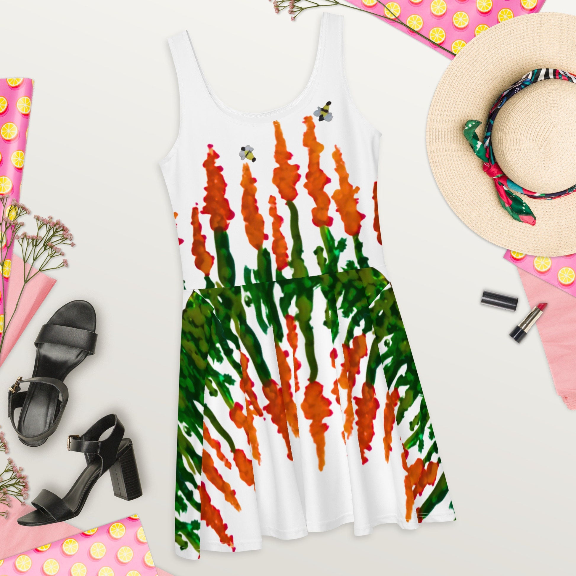 Orange Flower Sleeveless Skater Dress, Plus Size Spring Outfit, Casual Colorful Sundress