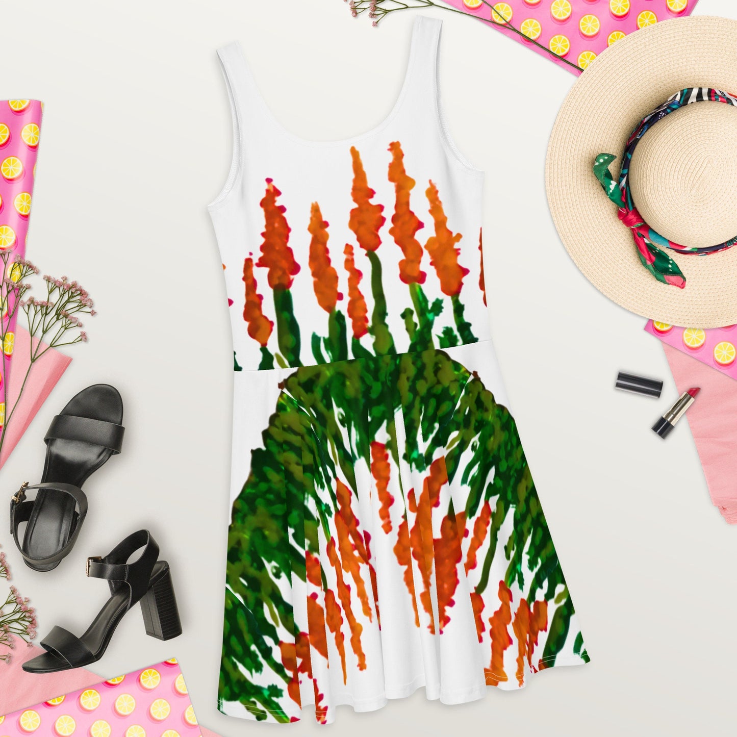 Orange Flower Sleeveless Skater Dress, Plus Size Spring Outfit, Casual Colorful Sundress