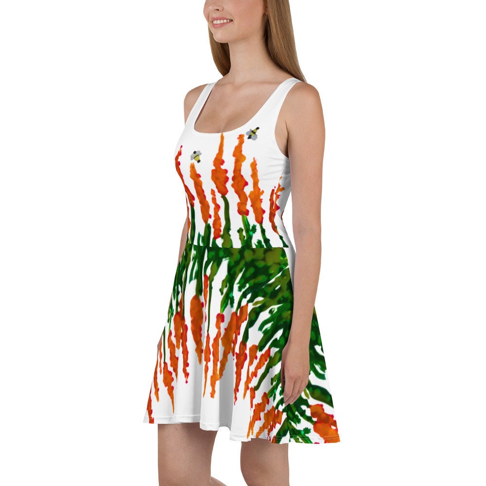 Orange Flower Sleeveless Skater Dress, Plus Size Spring Outfit, Casual Colorful Sundress