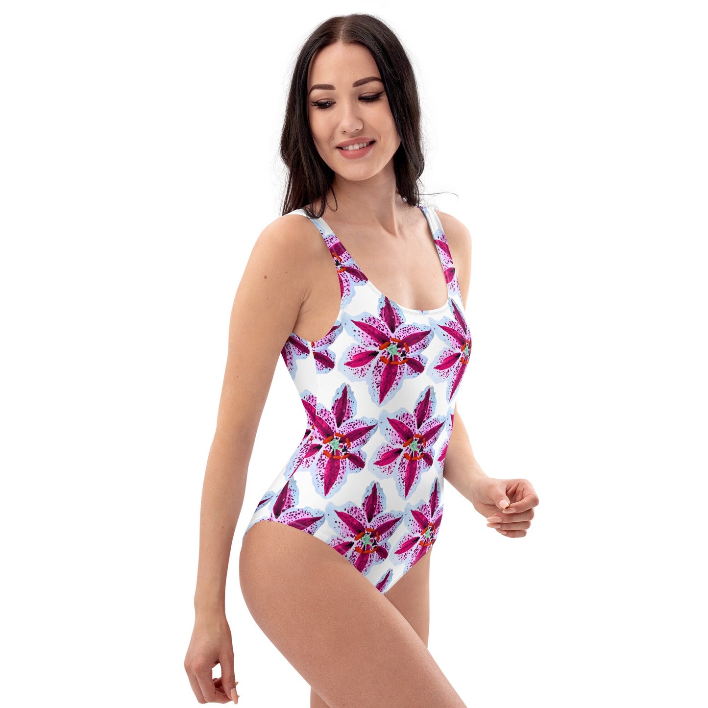 Tiger Lily Floral Pattern One-Piece Bathing Suit, Sexy Plus Size Beach Swimsuit, Festival Bodysuit