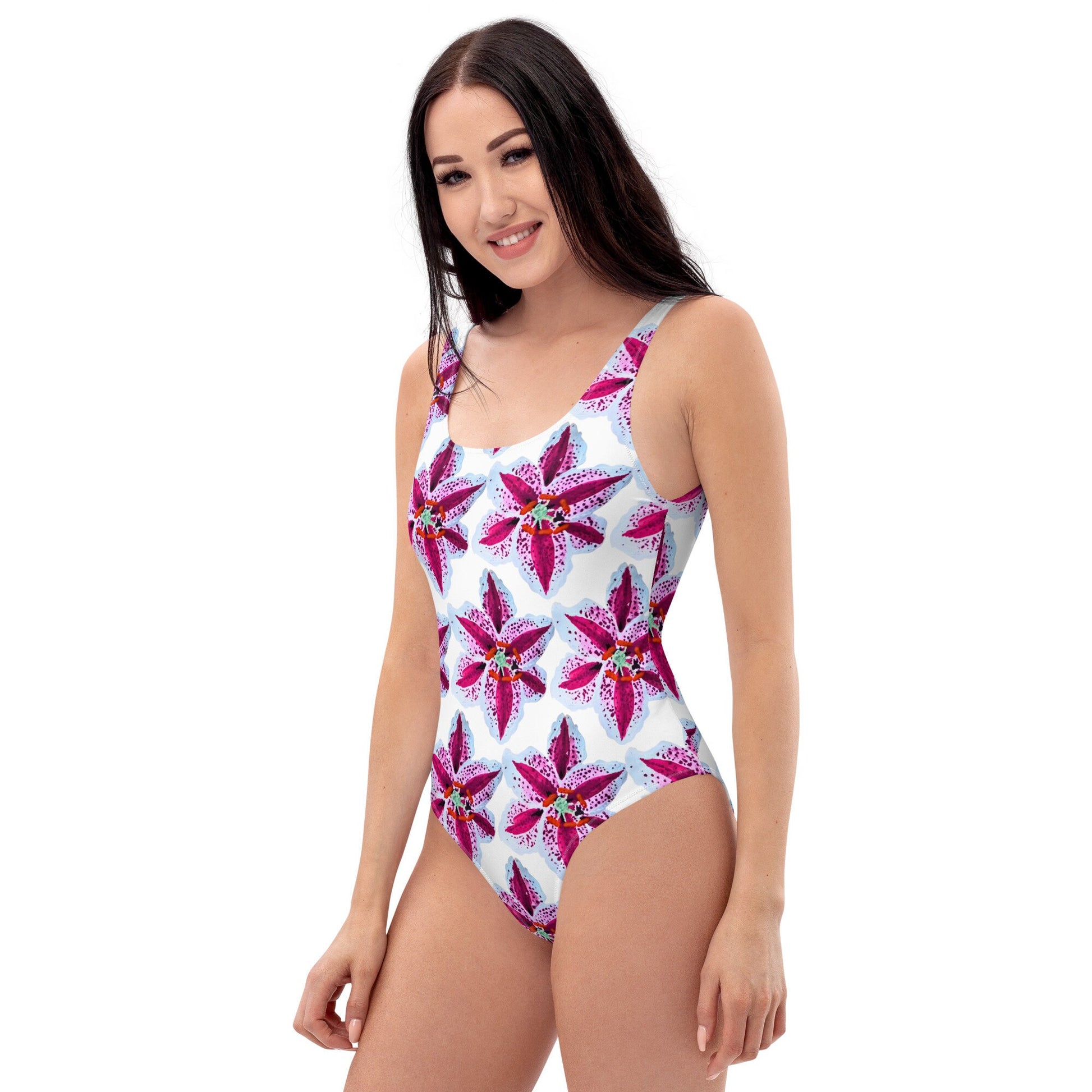Tiger Lily Floral Pattern One-Piece Bathing Suit, Sexy Plus Size Beach Swimsuit, Festival Bodysuit