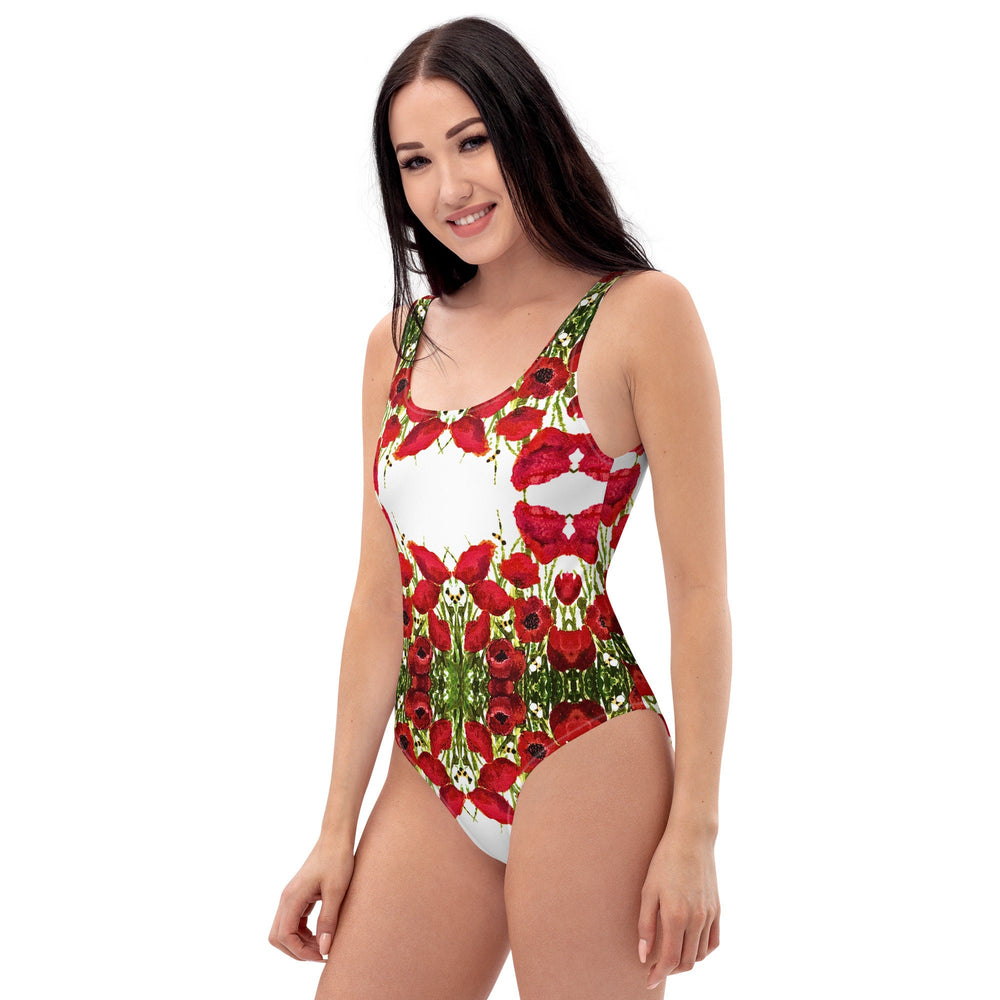 Red Poppies Floral One-Piece Swimsuit, Botanical Beach Swimwear, Festival Plus Size Bodysuit, Retro Bathing Suit
