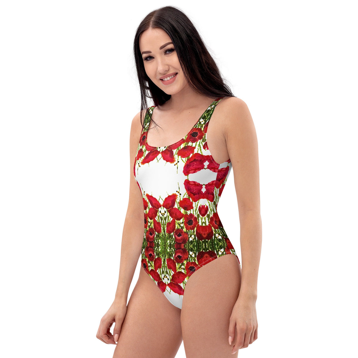 Red Poppies Floral One-Piece Swimsuit, Botanical Beach Swimwear, Festival Plus Size Bodysuit, Retro Bathing Suit