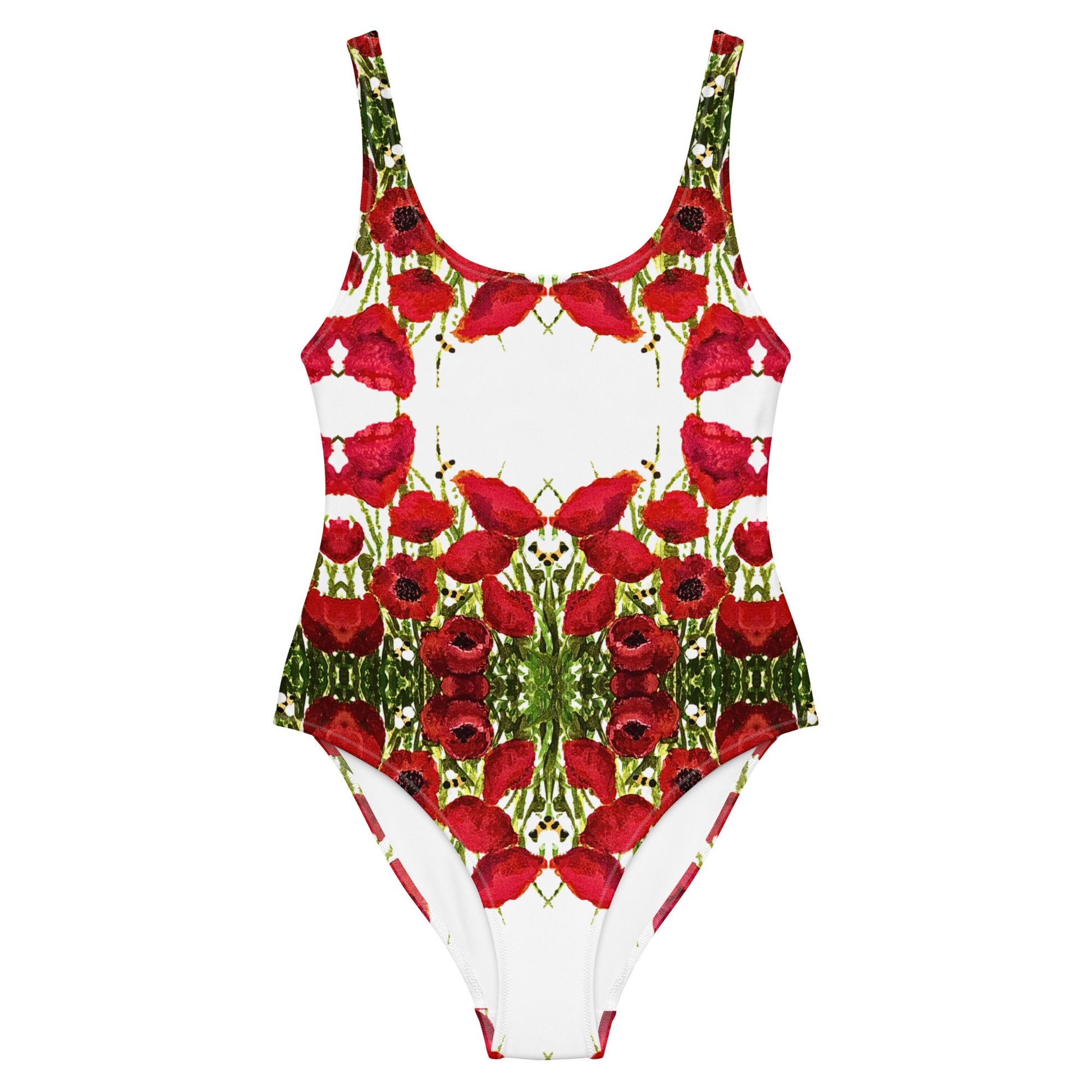 Red Poppies Floral One-Piece Swimsuit, Botanical Beach Swimwear, Festival Plus Size Bodysuit, Retro Bathing Suit