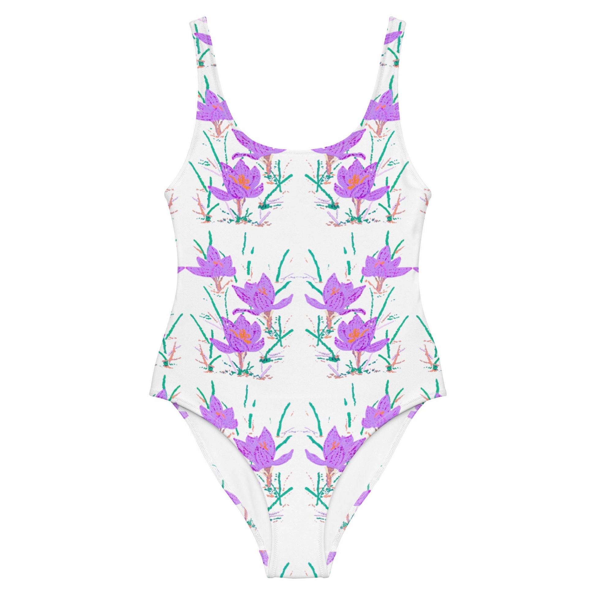Crocus Flower Botanical One-Piece Swimsuit, Vintage Beach Bathing Suit, Colorful Festival Bodysuit, Plus Size Ladies Swimwear