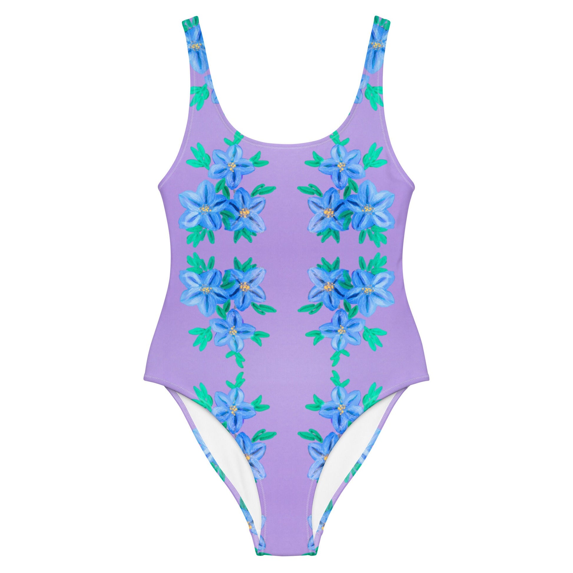 Forget Me Not Purple One-Piece Swimsuit, Ladies Floral Swimwear, Plus Size Beach Bathing Suit, Colorful Botanical Festival Bodysuit