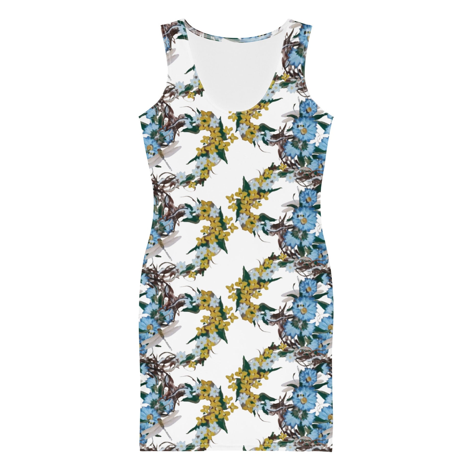 Yellow and Blue Floral Bodycon Dress, Botanical Spring Outfit, Casual Sleeveless Secretary Dress, Tight Club Dress