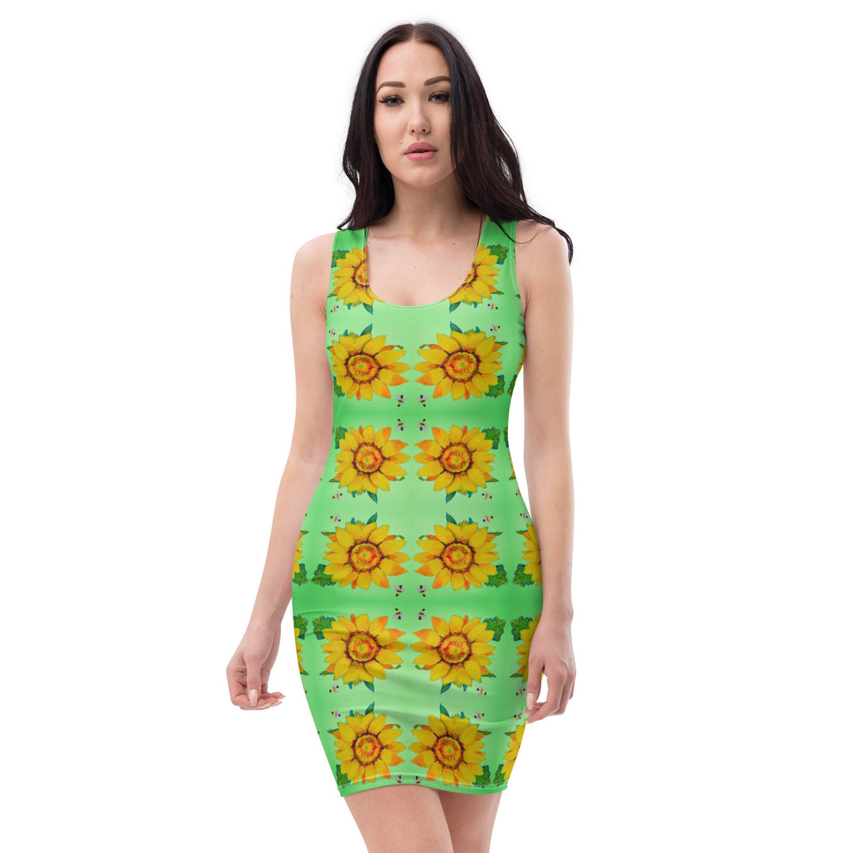 Sunflower Bodycon Dress, Casual Spring Secretary Outfit, Sleeveless Floral Pattern Dress