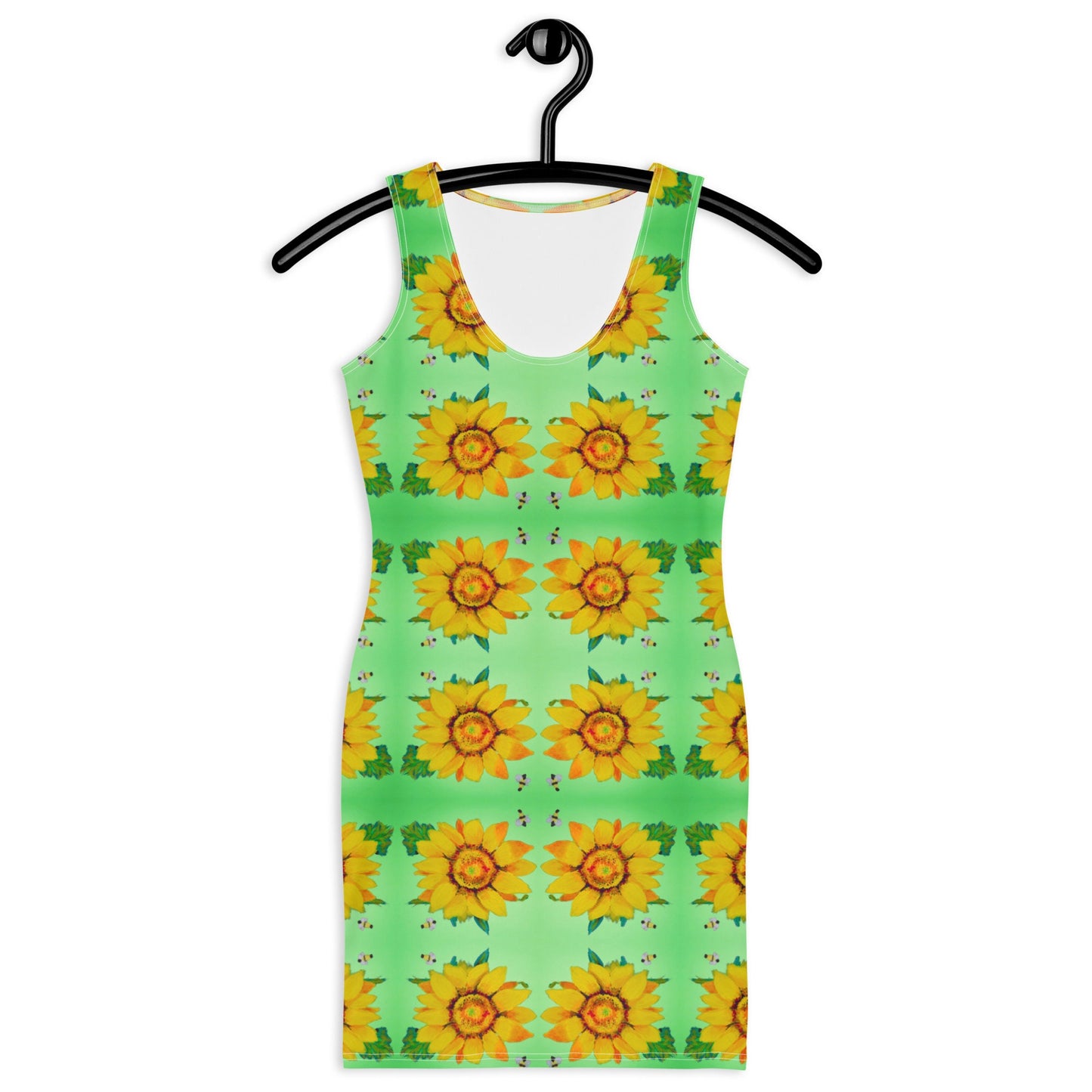 Sunflower Bodycon Dress, Casual Spring Secretary Outfit, Sleeveless Floral Pattern Dress