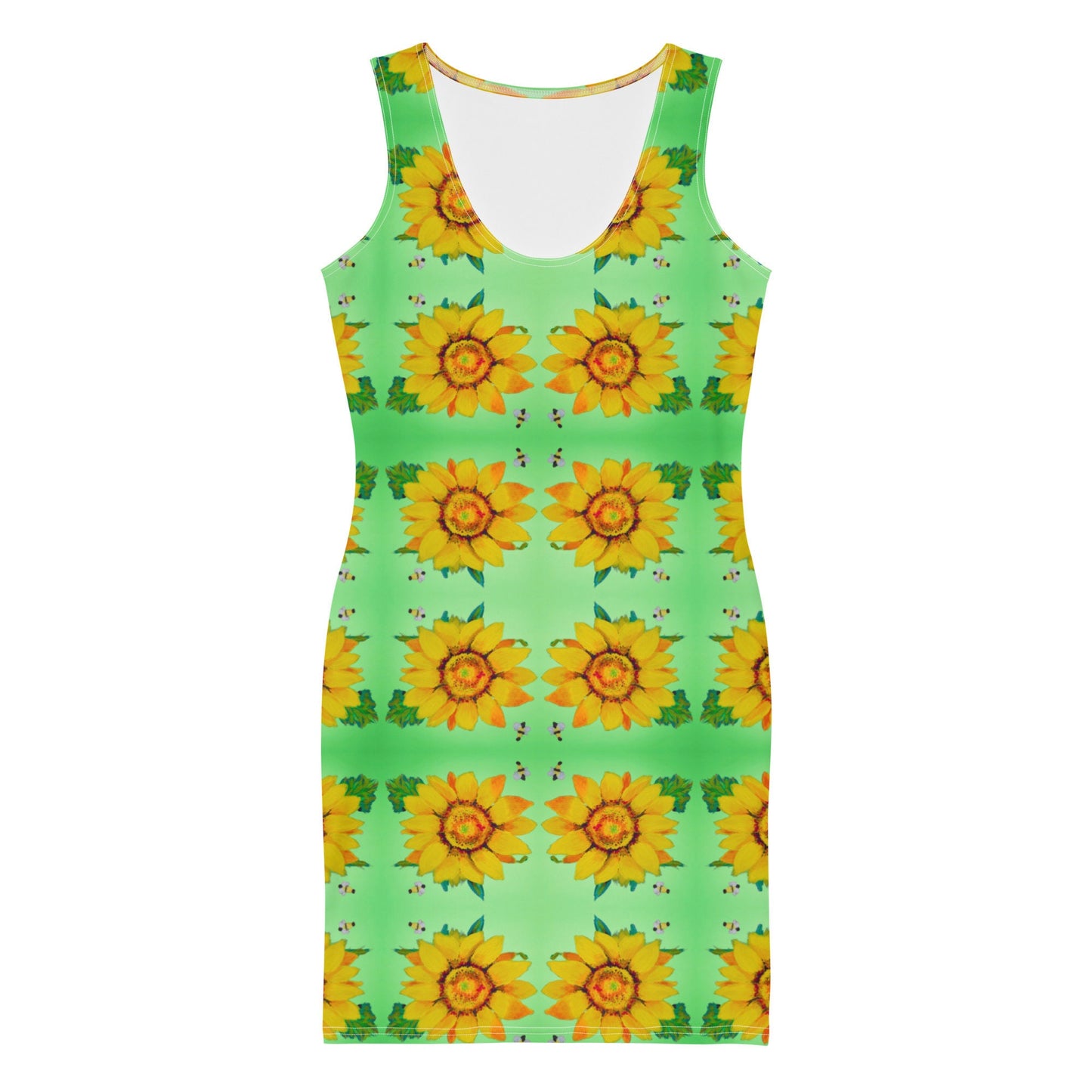 Sunflower Bodycon Dress, Casual Spring Secretary Outfit, Sleeveless Floral Pattern Dress