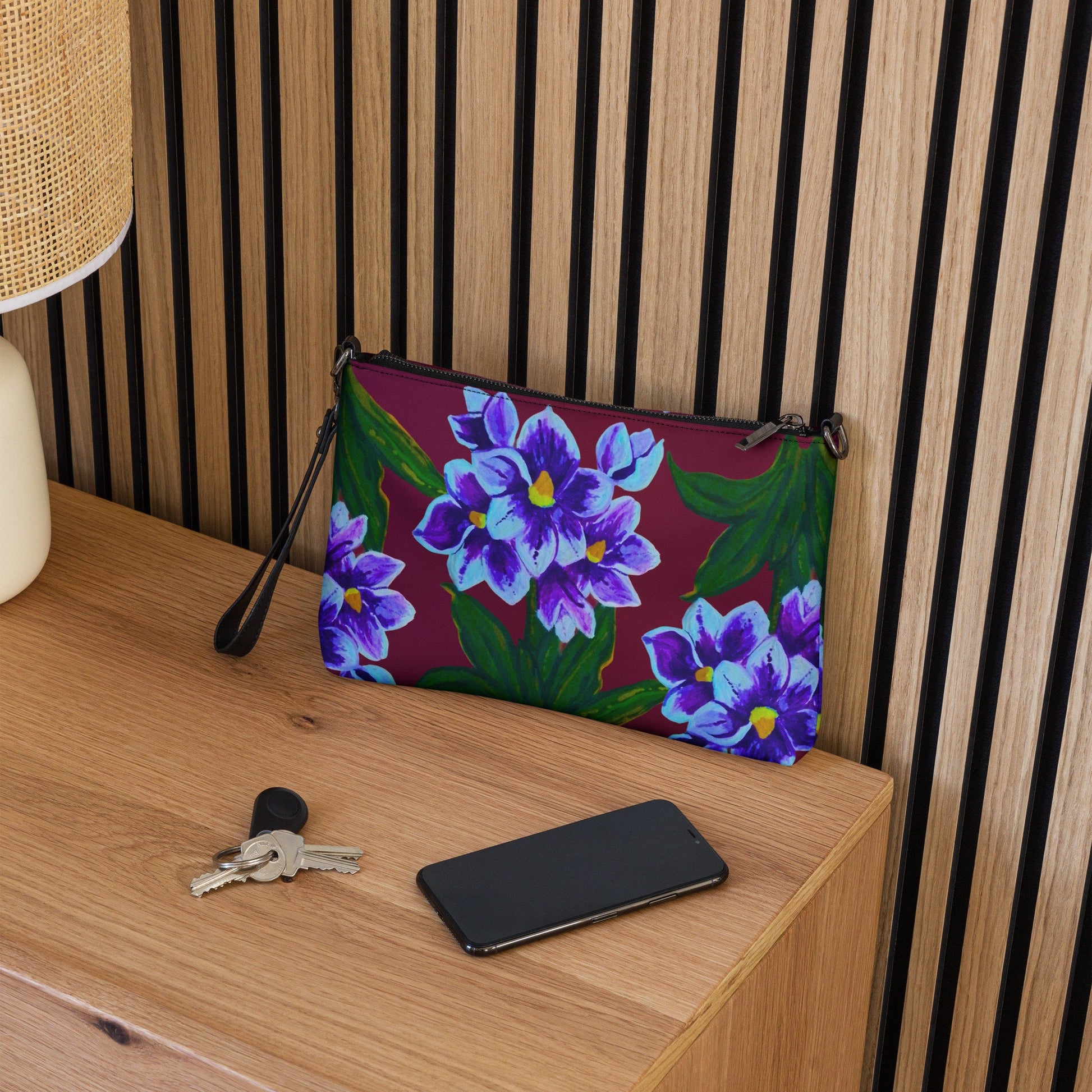 Blue Floral Crossbody Bag with Pockets, Nature Inspired Ziptop Sling Bag, Small Clutch Purse