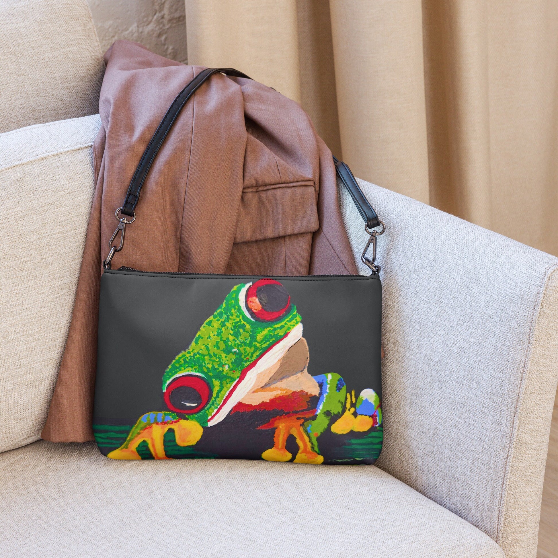Small Tree Frog Clutch Purse, Trendy Nature Inspired Crossbody Bag with Adjustable Straps, Ziptop Closure Satchel with Pockets