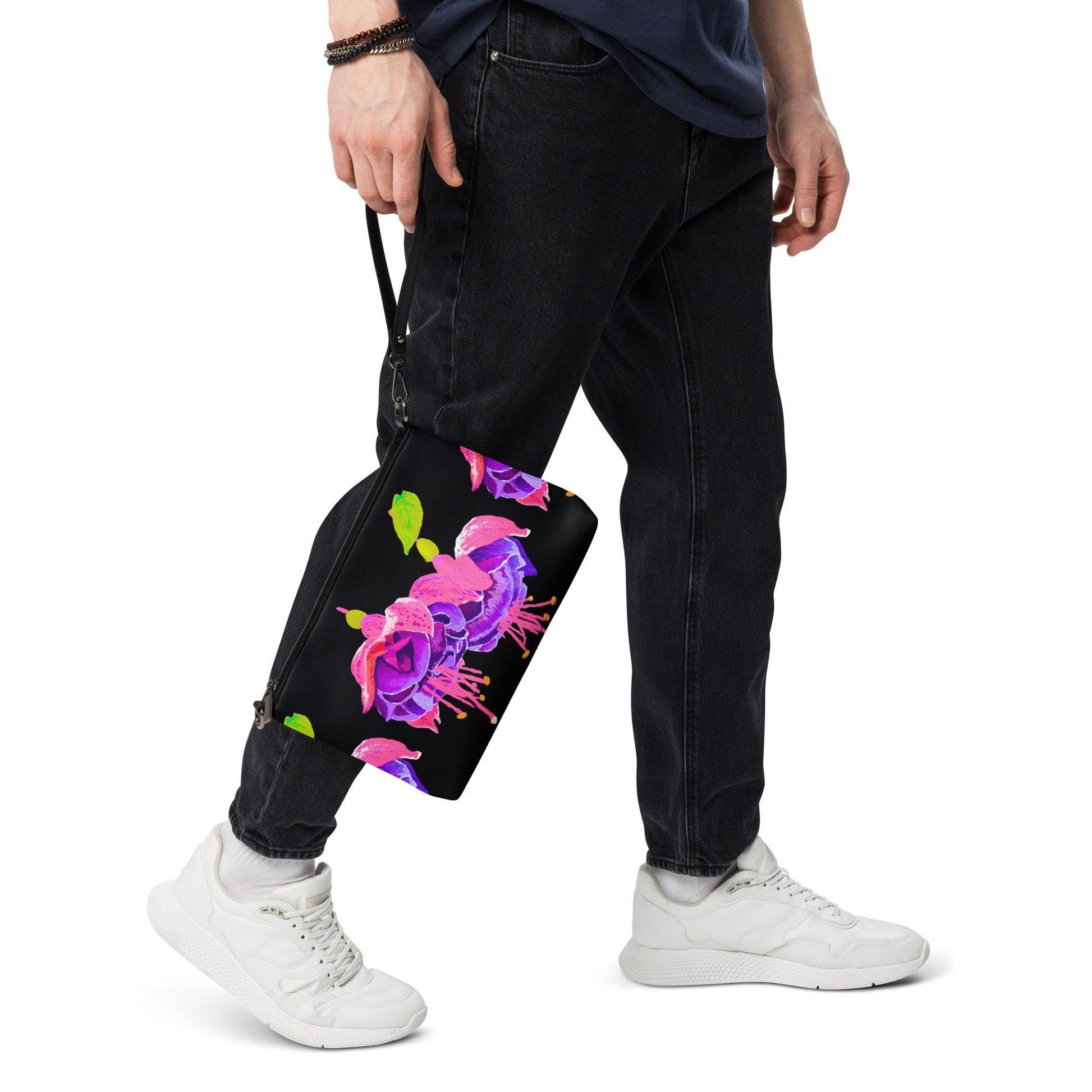 Little Black Floral Evening Bag, Fuscia Crossbody Bag with Pockets, Trendy Ziptop Satchel with Removable Straps