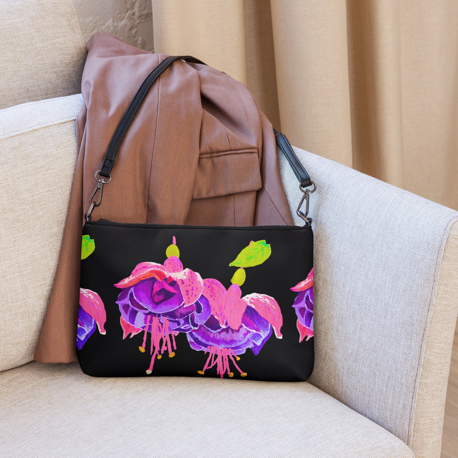 Little Black Floral Evening Bag, Fuscia Crossbody Bag with Pockets, Trendy Ziptop Satchel with Removable Straps