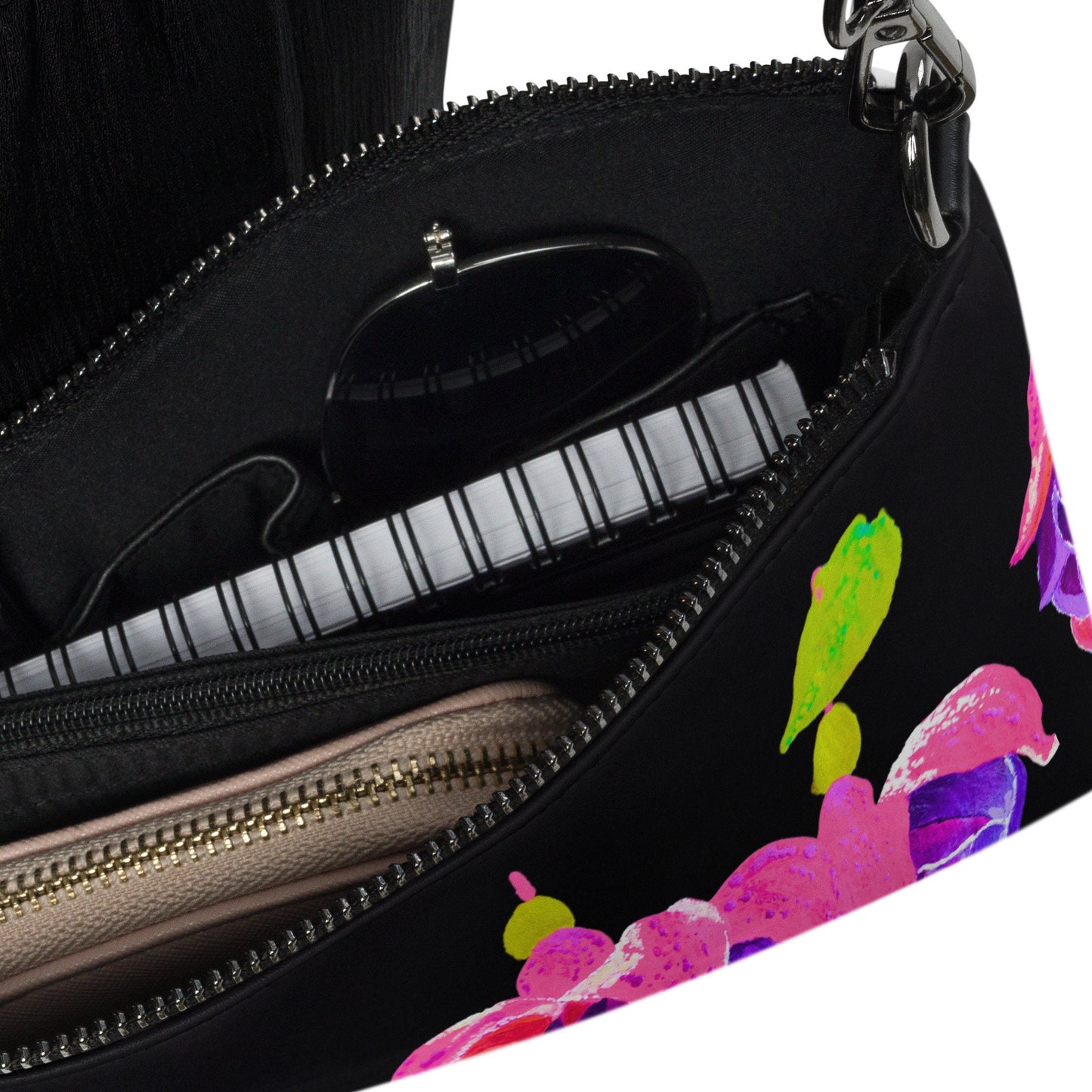 Little Black Floral Evening Bag, Fuscia Crossbody Bag with Pockets, Trendy Ziptop Satchel with Removable Straps