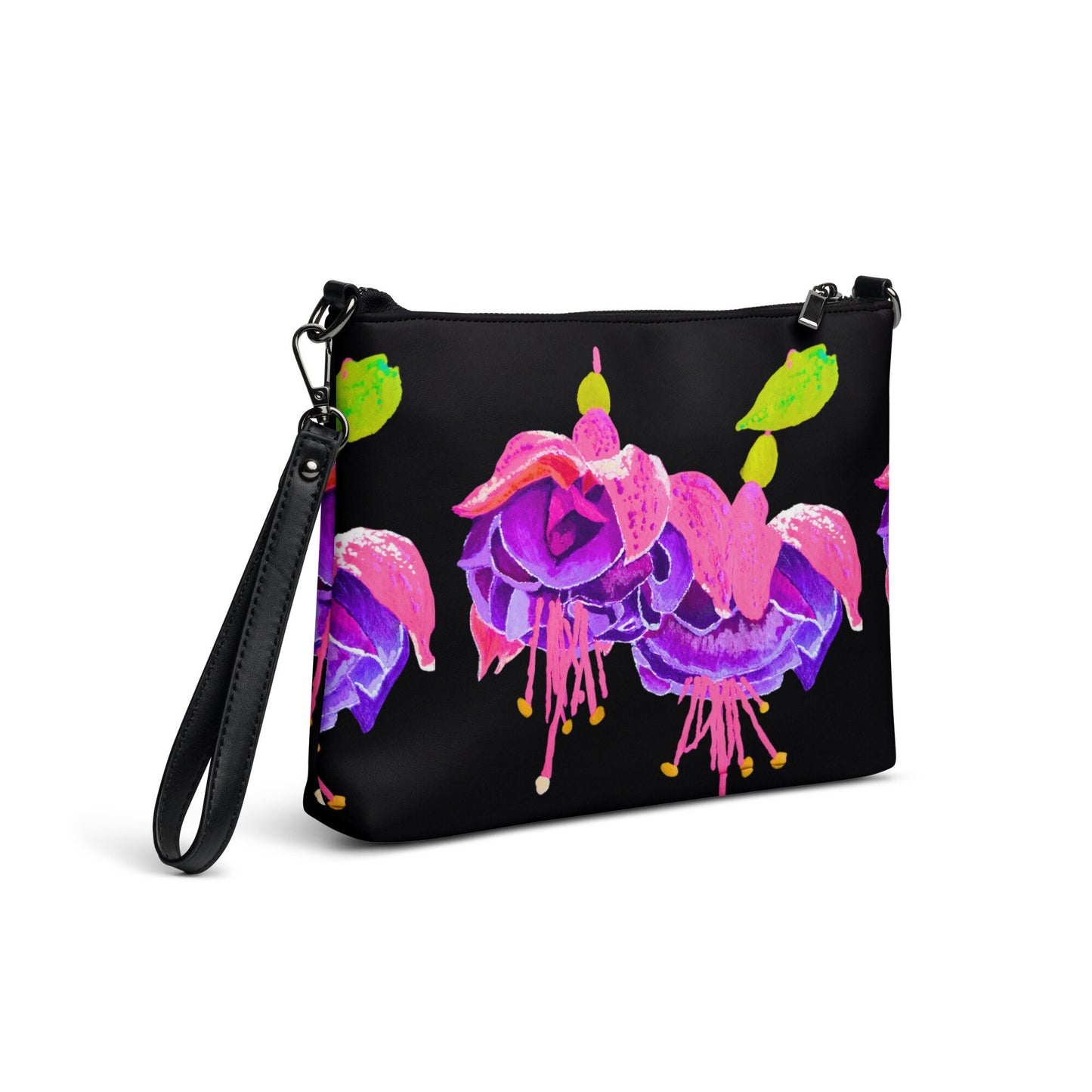 Little Black Floral Evening Bag, Fuscia Crossbody Bag with Pockets, Trendy Ziptop Satchel with Removable Straps