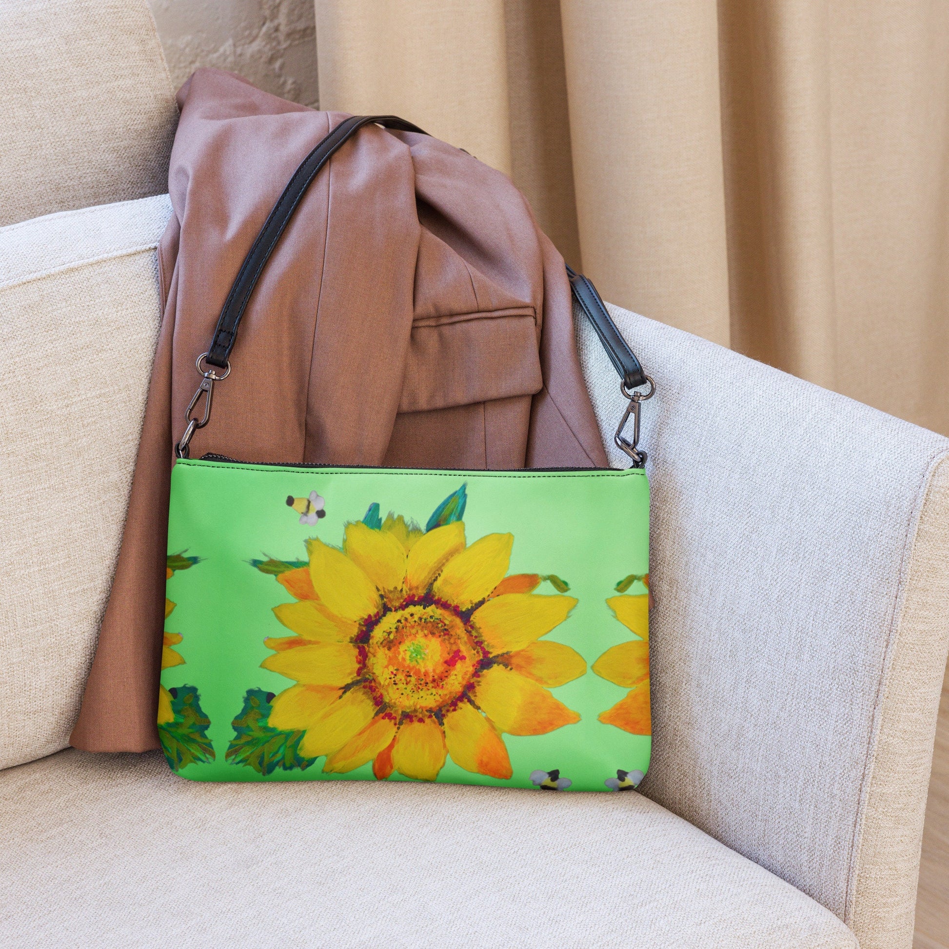 Sunflower Crossbody Bag with Pockets, Trendy Sling Bag with Removable Straps, Small Nature Inspired Purse
