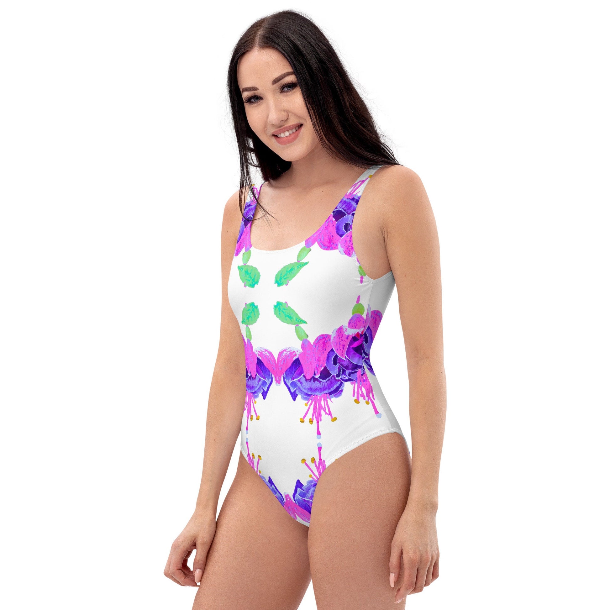 Floral Fuscia One-Piece Swimsuit, Colorful Festival Bodysuit, Plus Size Beach Swimwear, Sexy Botanical Bathing Suit