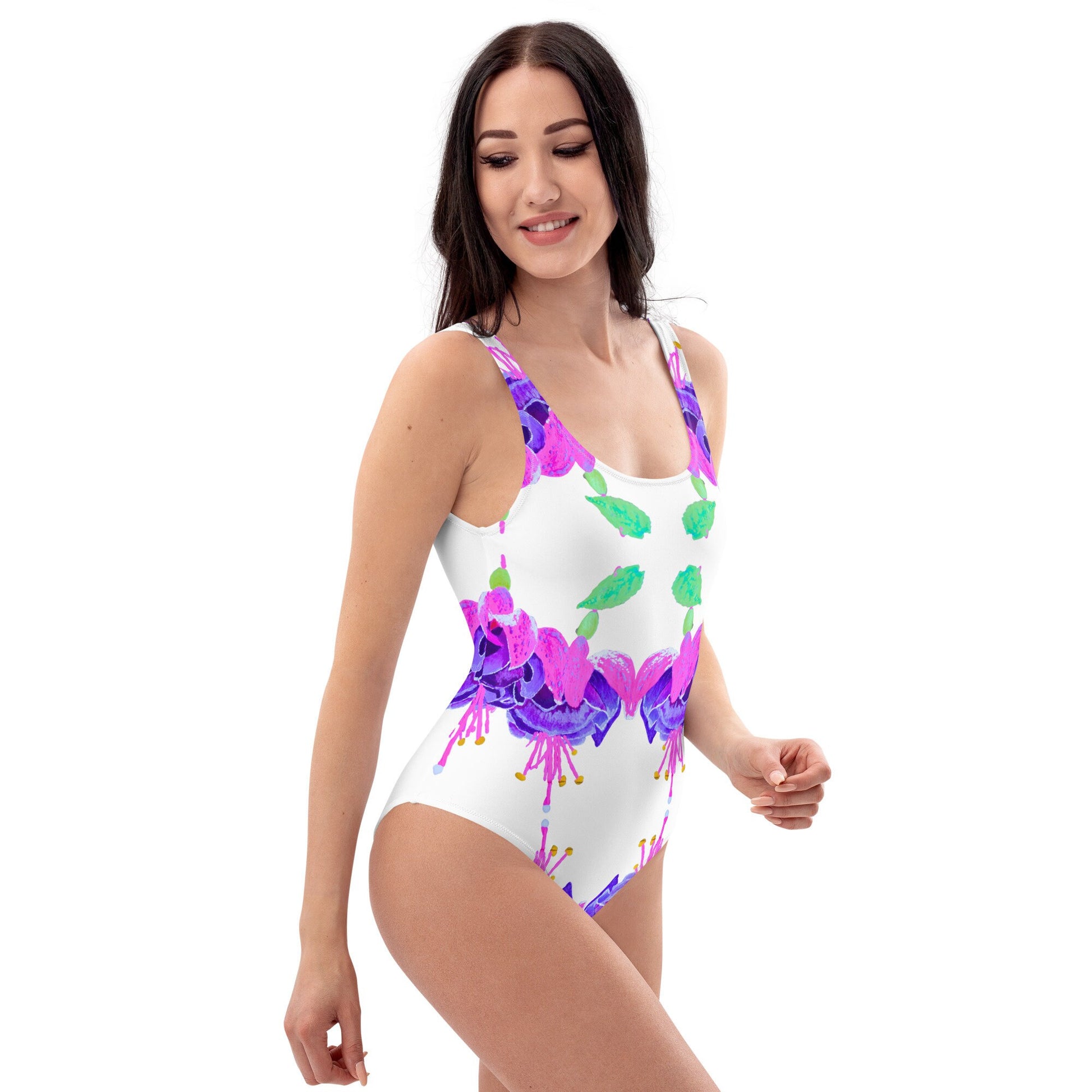 Floral Fuscia One-Piece Swimsuit, Colorful Festival Bodysuit, Plus Size Beach Swimwear, Sexy Botanical Bathing Suit