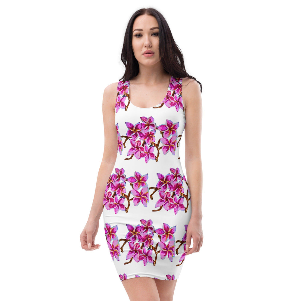 Cherry Blossom Botanical Bodycon Dress, Casual Sleeveless Spring Secretary Outfit, Floral Club Dress Cocktail