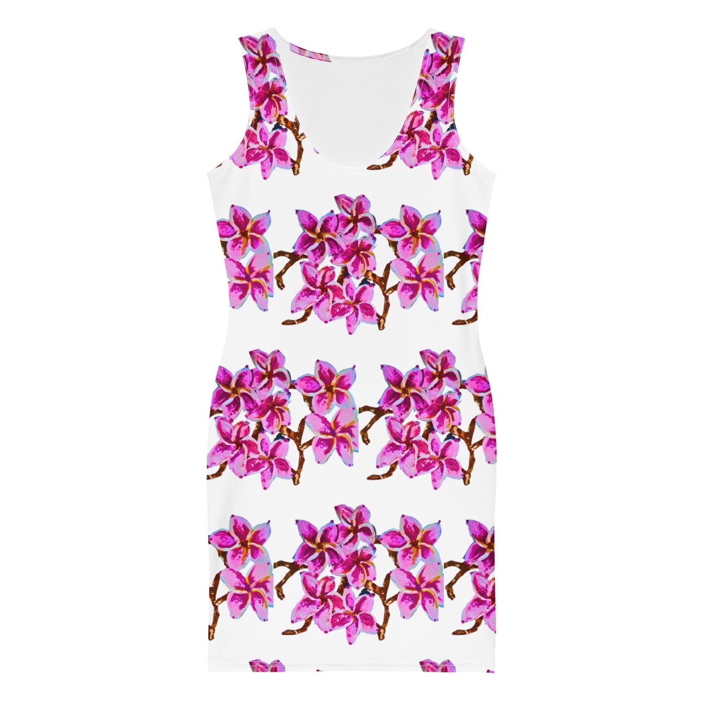 Cherry Blossom Botanical Bodycon Dress, Casual Sleeveless Spring Secretary Outfit, Floral Club Dress Cocktail