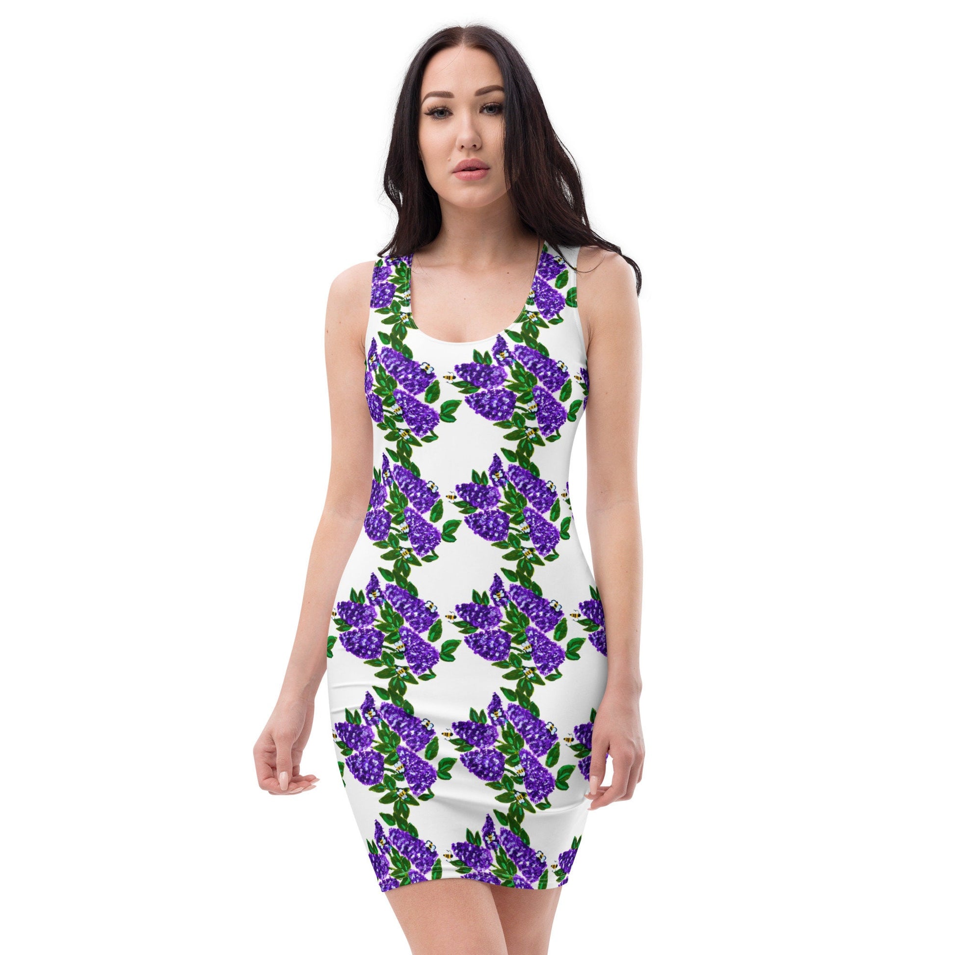 Purple Lilac Bodycon Pattern Dress,Womens Sleeveless Spring Casual Secretary Outfit, Colorful Sexy Clothing