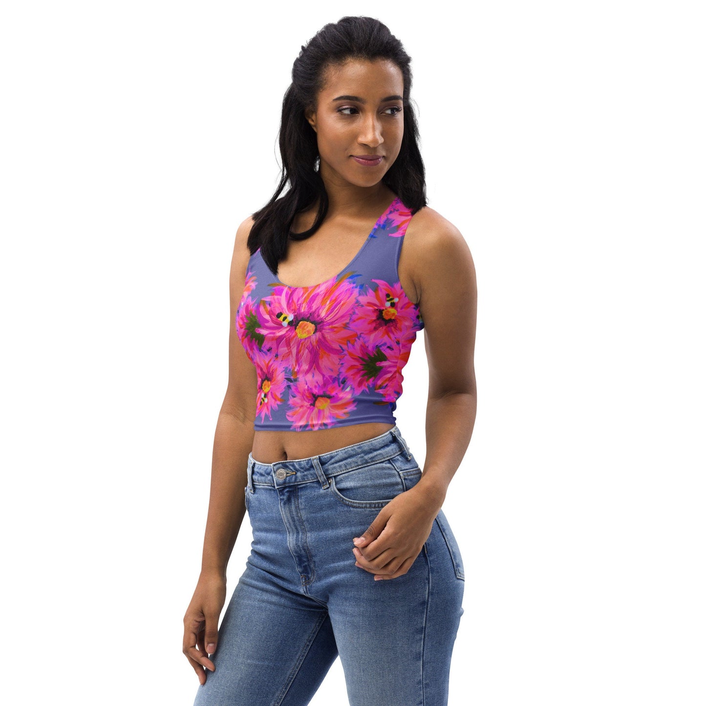 Ladies Fluffy Pink Yoga Crop Top, Floral Activewear, Perfect for Running, Crossfit, Weightlifting or Every Day Lounge Wear