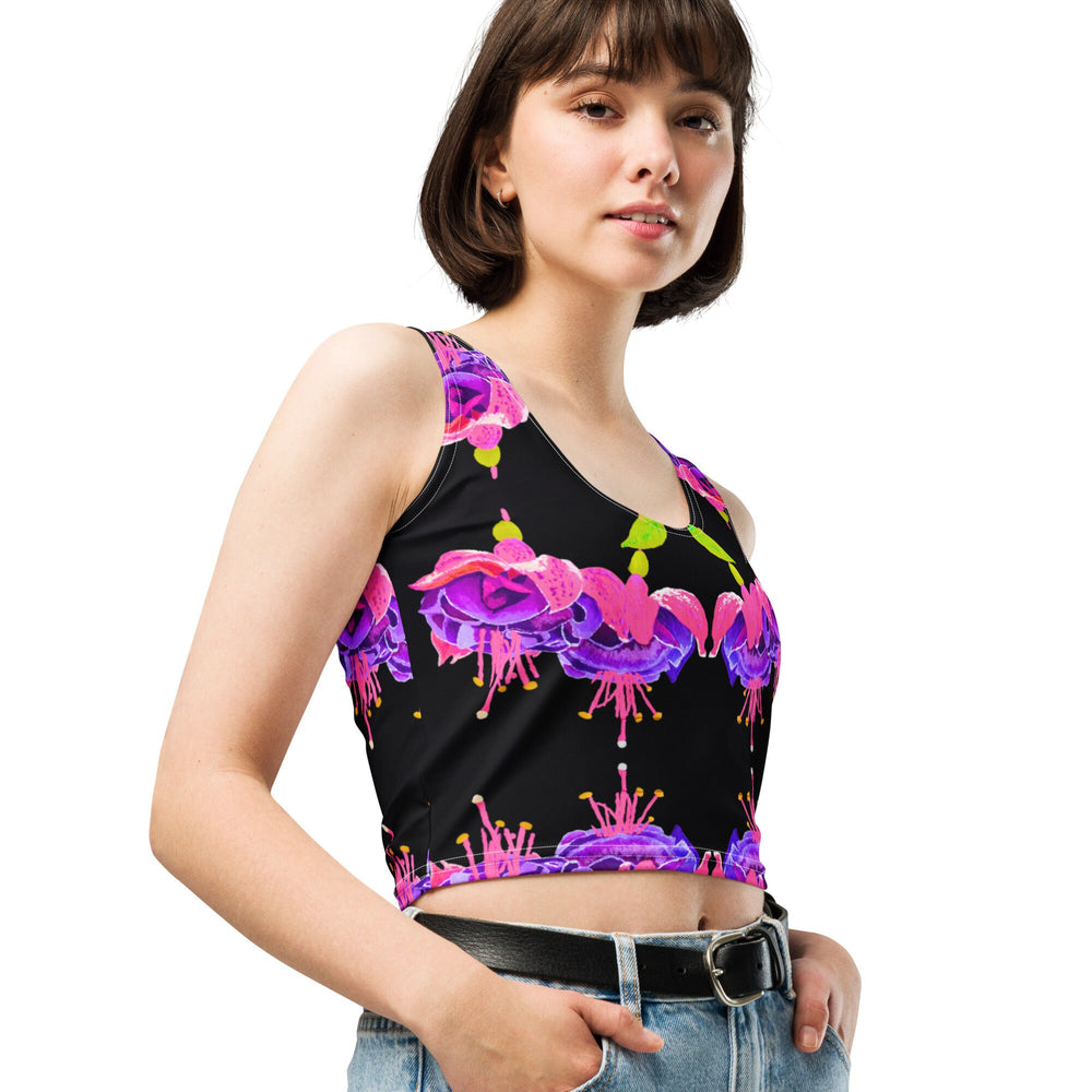 Fuscia Floral Exercise Crop Top, Botanical Lounge Wear, Colorful Ladies Workout Clothes