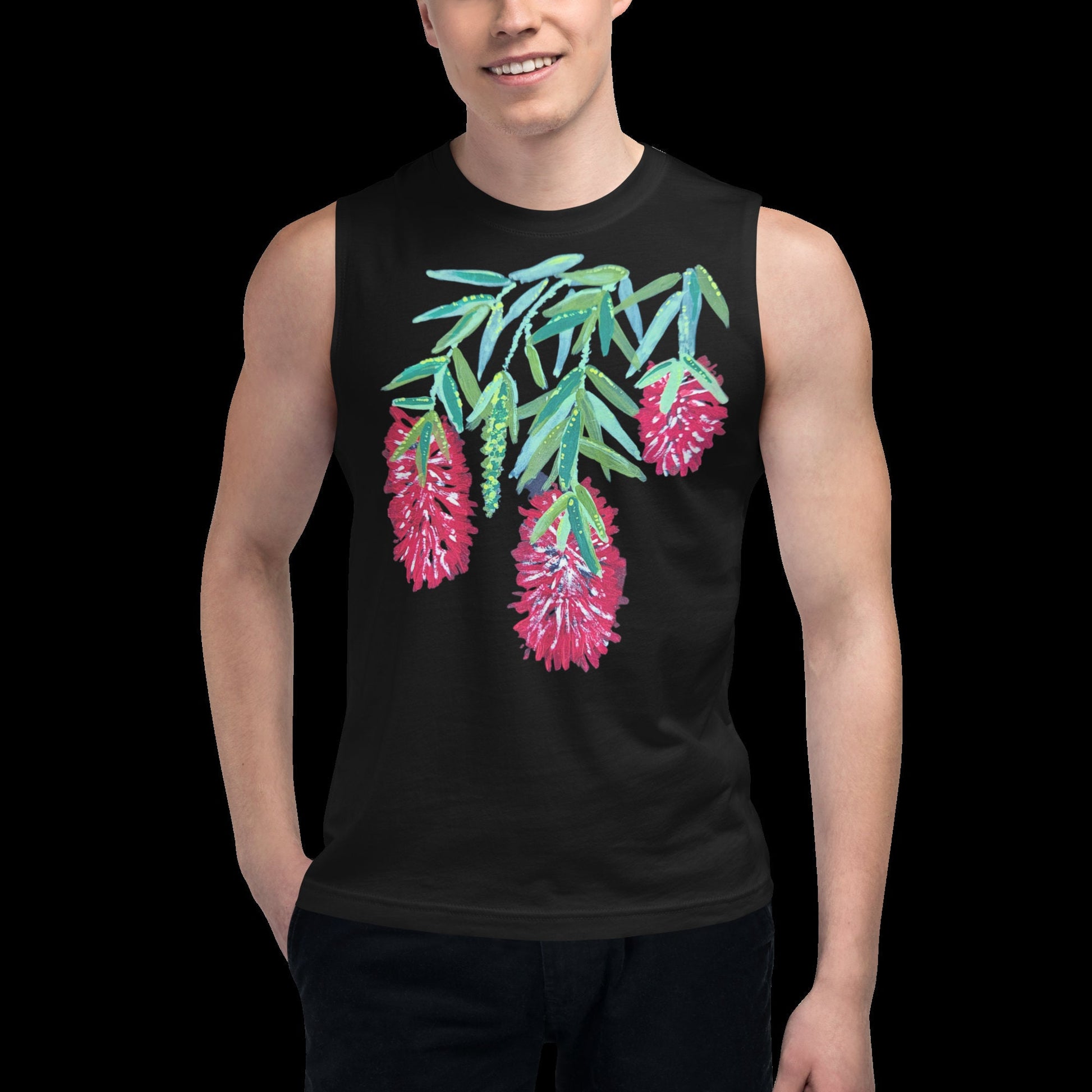 Red Weeping Bottle Brush Flower Top, Floral Spring Plants Shirt, Womens Botanical T-shirt, Summer Flower Style Tshirt