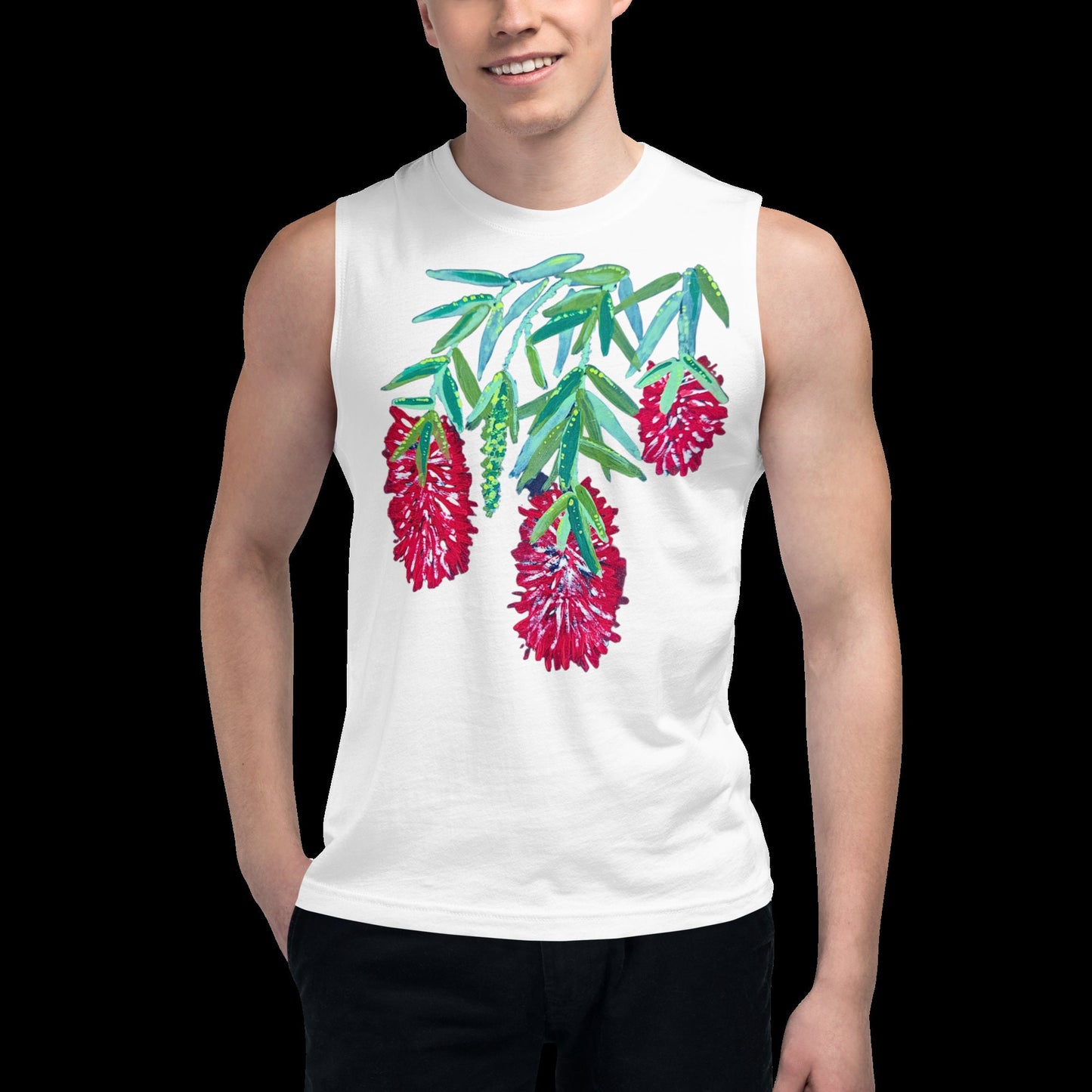 Red Weeping Bottle Brush Flower Top, Floral Spring Plants Shirt, Womens Botanical T-shirt, Summer Flower Style Tshirt