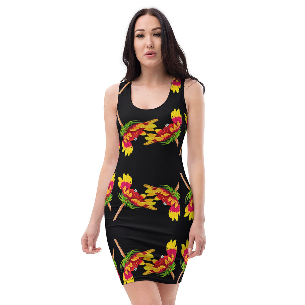 Botanical Black Bodycon Dress, Nature Inspired Club Outfit, Sleeveless Spring Apparel