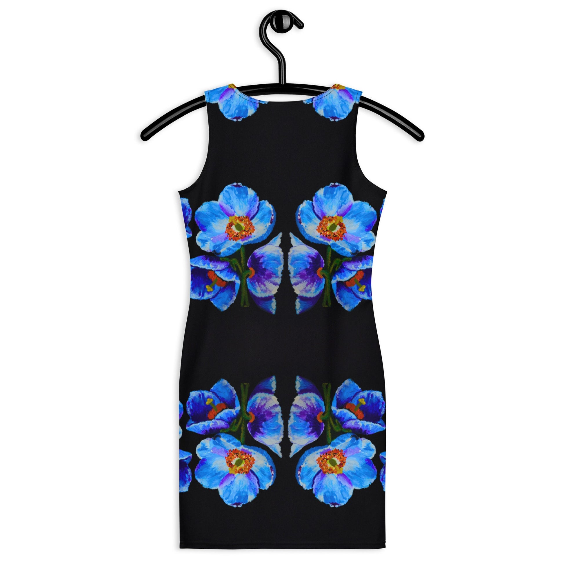 Floral Blue Poppy Bodycon Dress, Sleeveless Wrap Club Outfit, Colorful Spring Apparel