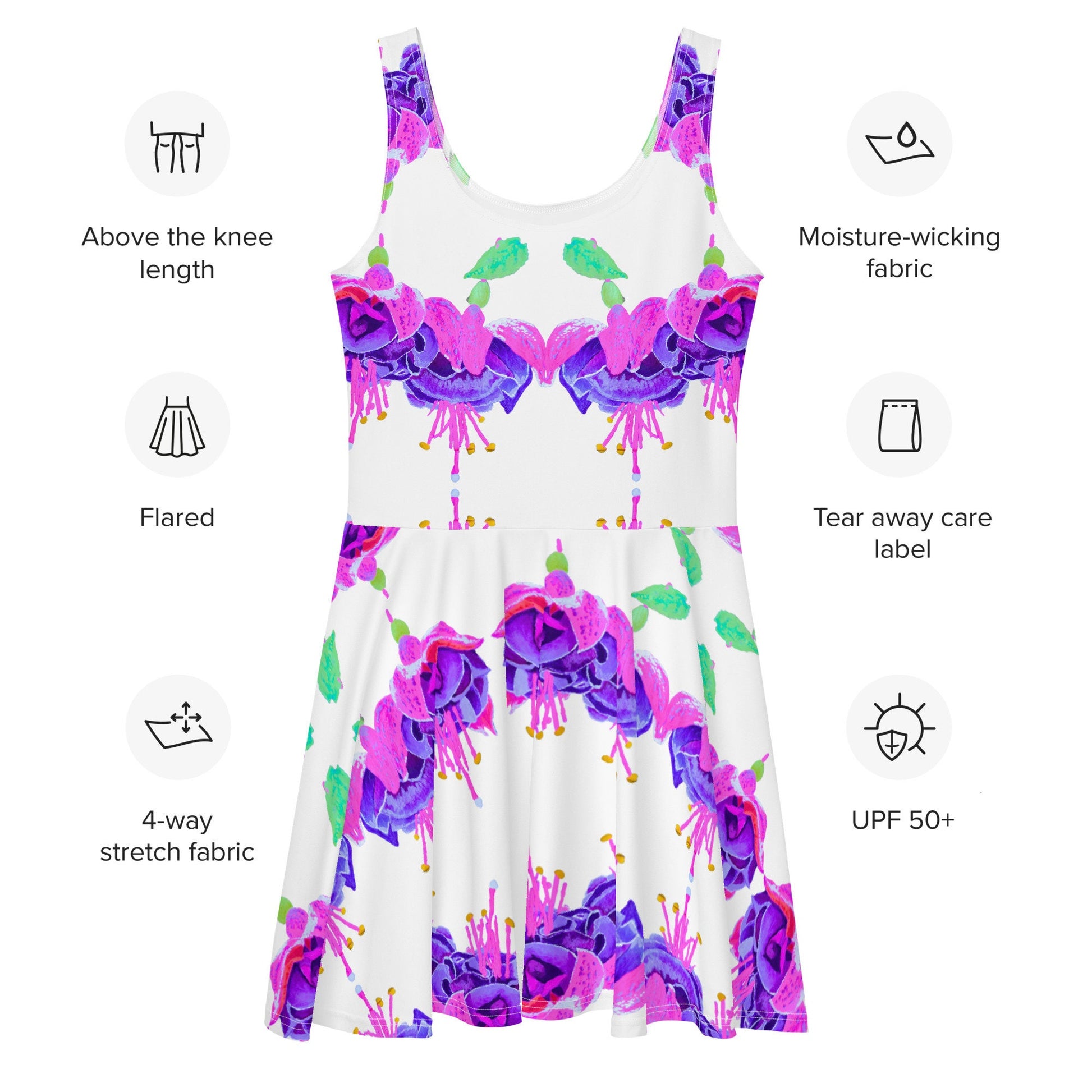 Fuscia Flower Casual Spring Outfit, Botanical Sleeveless Skater Dress, Bright Secretary Dress