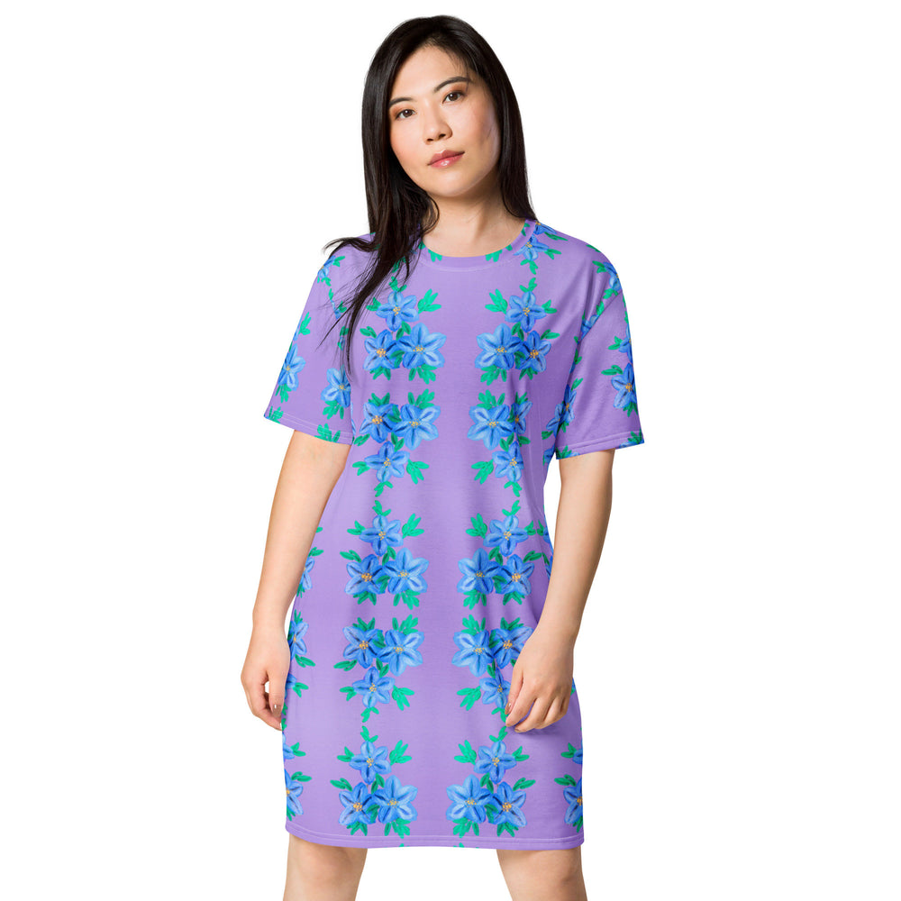 Forget Me Not on Purple Floral T-shirt Dress, Casual Spring Botanical Outfits, Plus Size Pastel Flower Dress